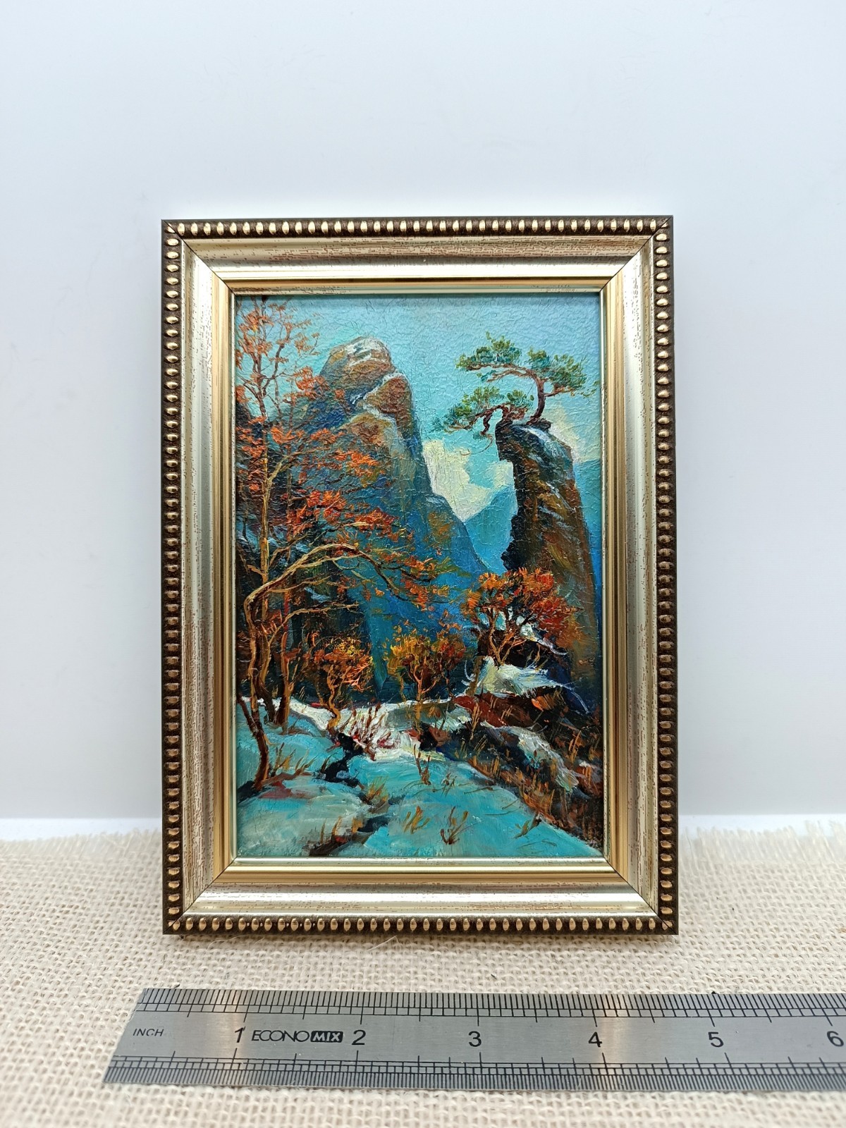 Mountain Landscape Original Oil Painting 4×6 Framed Signed Pine Tree Rock Art