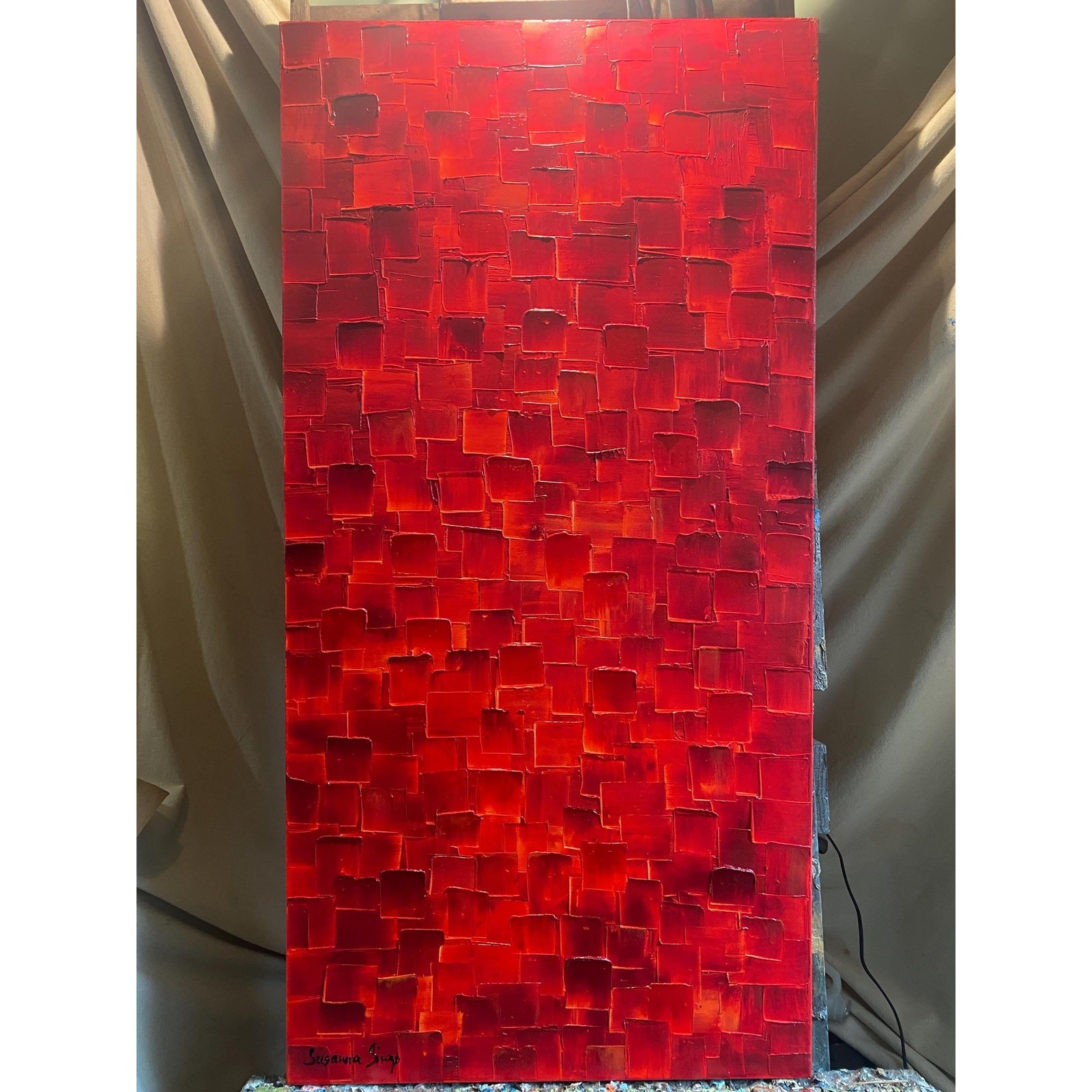 ORIGINAL Large Red Abstract painting, Squares, Geometric Textured Fine Art 48×24