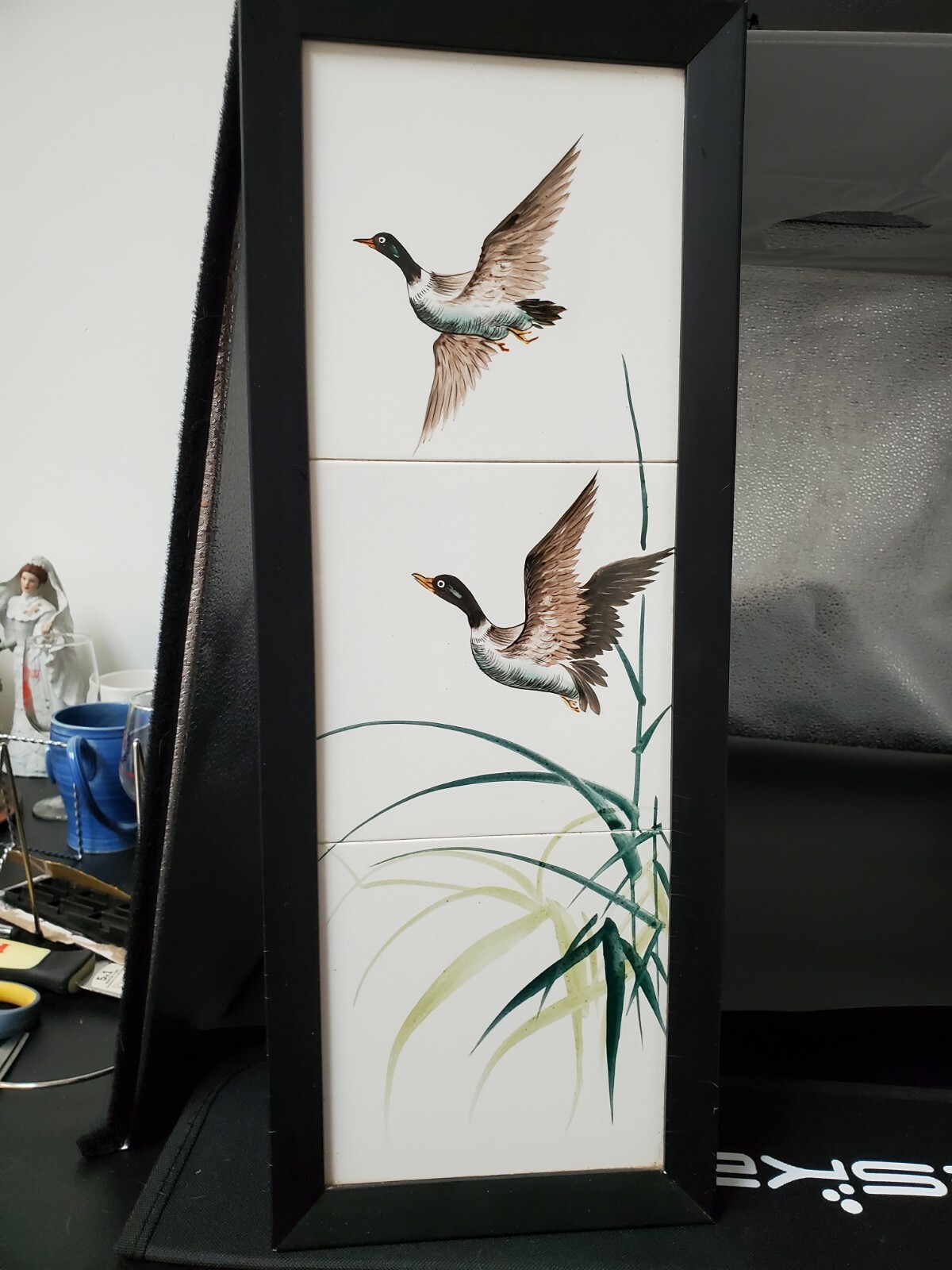 Vintage Kyoto Japan Artist H Kanaya Framed Painted Tiles Mallard Duck Edo Master