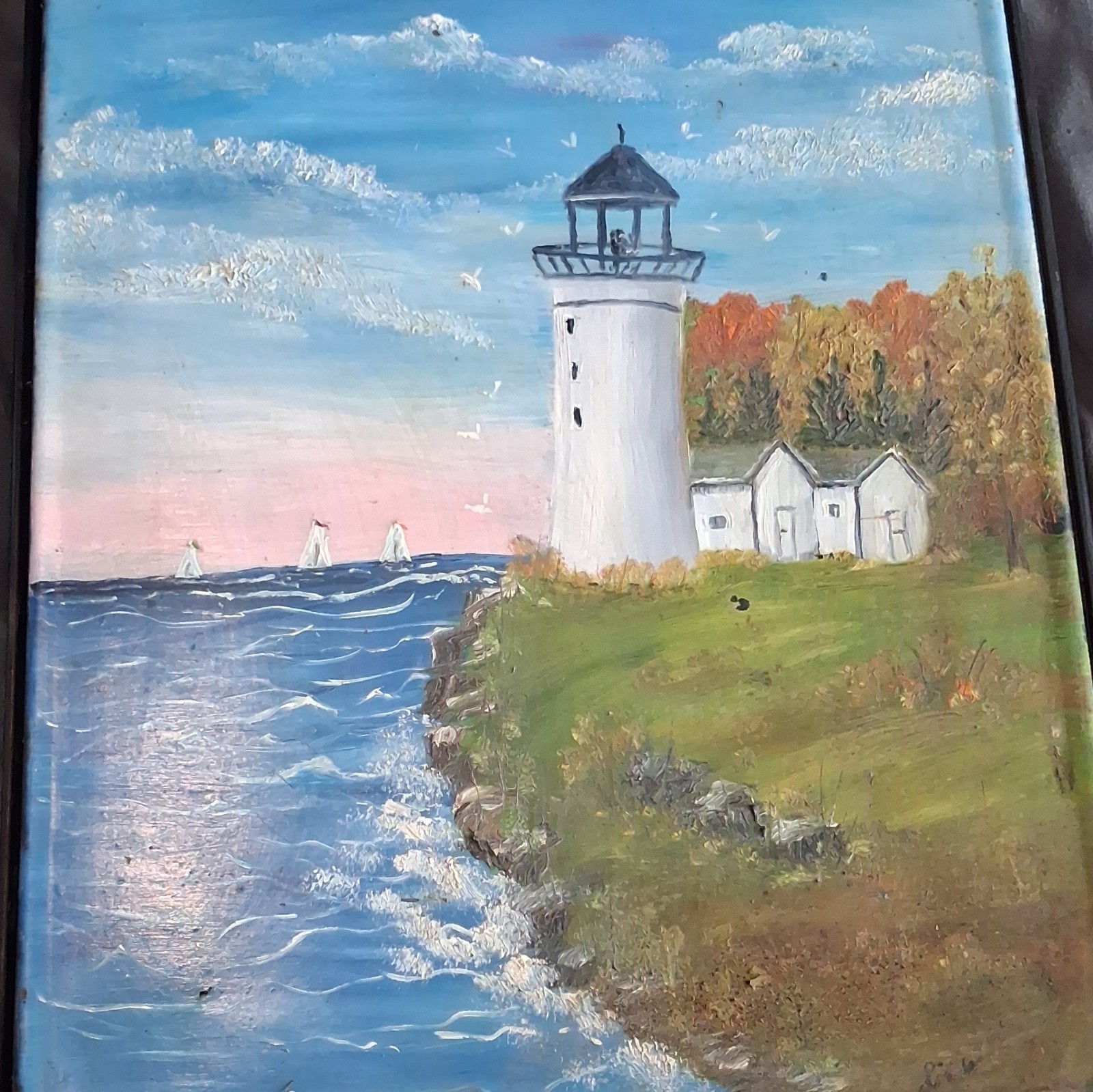 Framed Impressionist Lighthouse Seascape Painting with Sailboats Nautical
