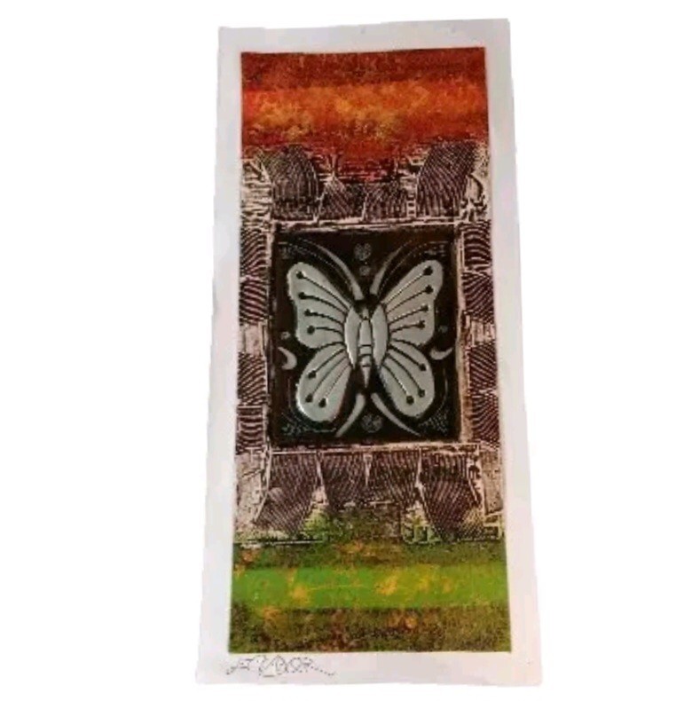 Butterfly Painting Embossed Metal Aluminum Ecuador Silver Green Brown 14″ x 6.5″