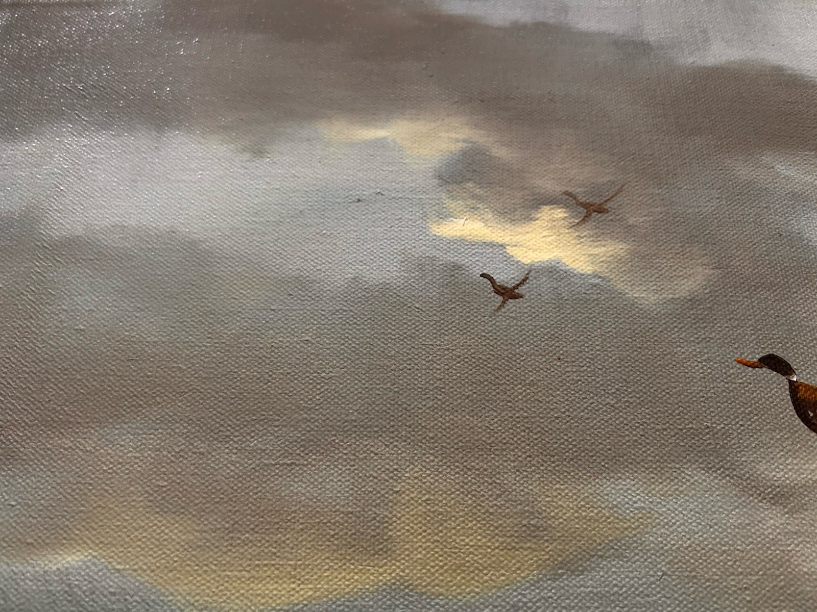 Vintage Original Landscape w/ Flying Ducks 16×20 Painting Signed Roberts