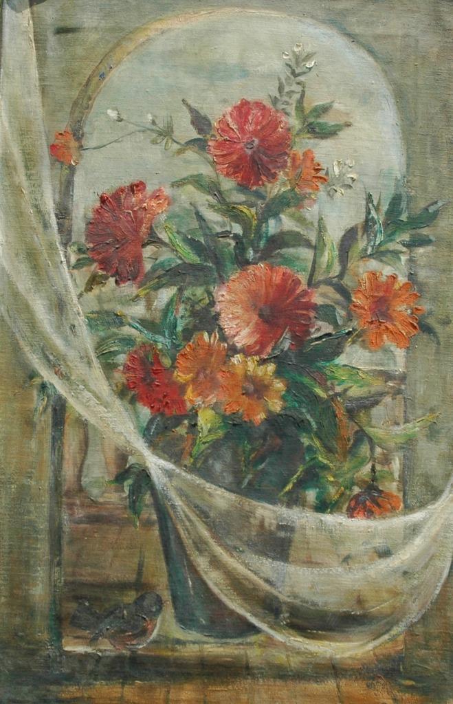 Antique Oil Showing Basket of Flowers & Bird In a Window Sill Signed Pierson