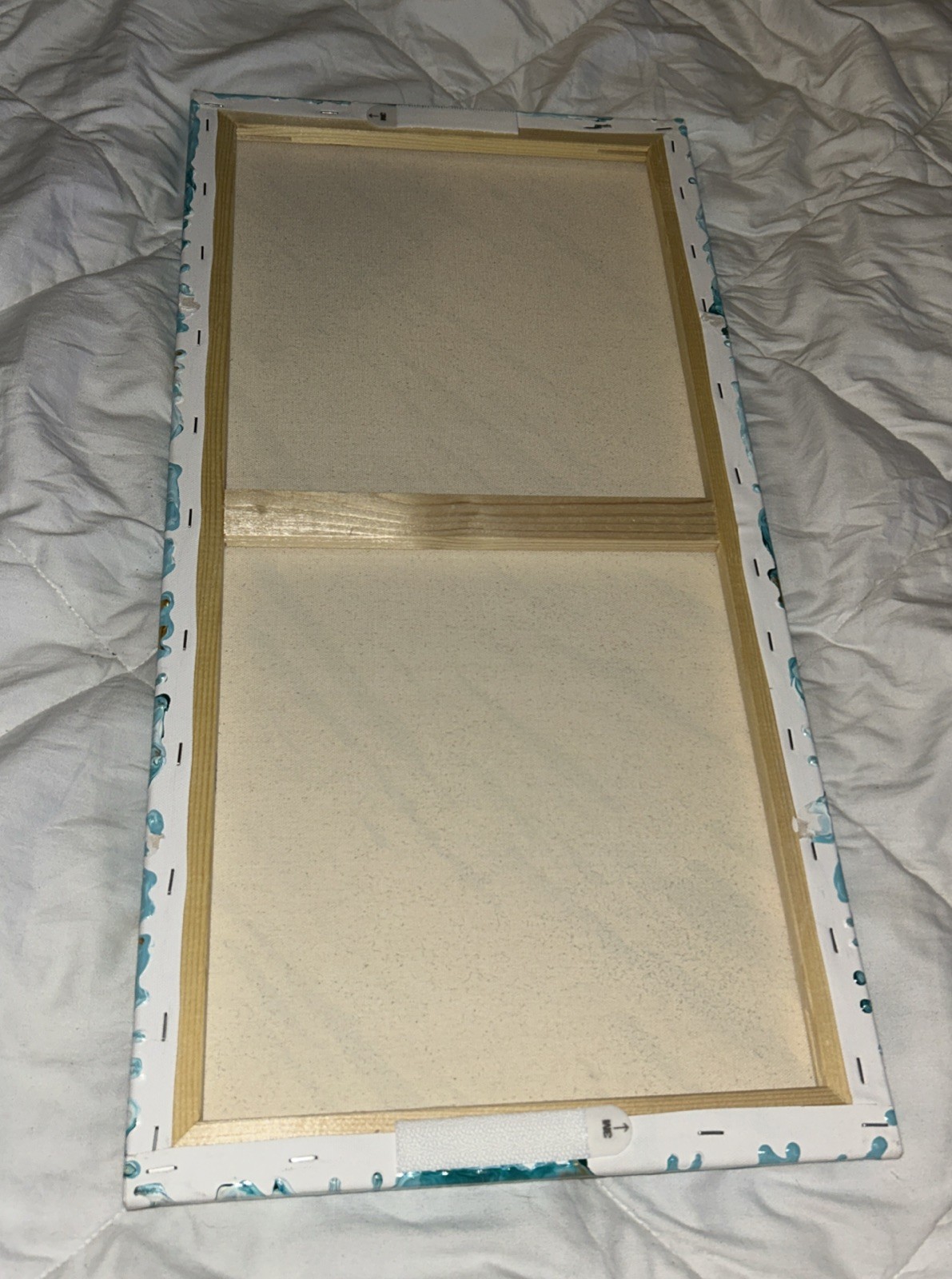 24×12 Handmade Canvas Abstract Oil Painting Blue Gold & White
