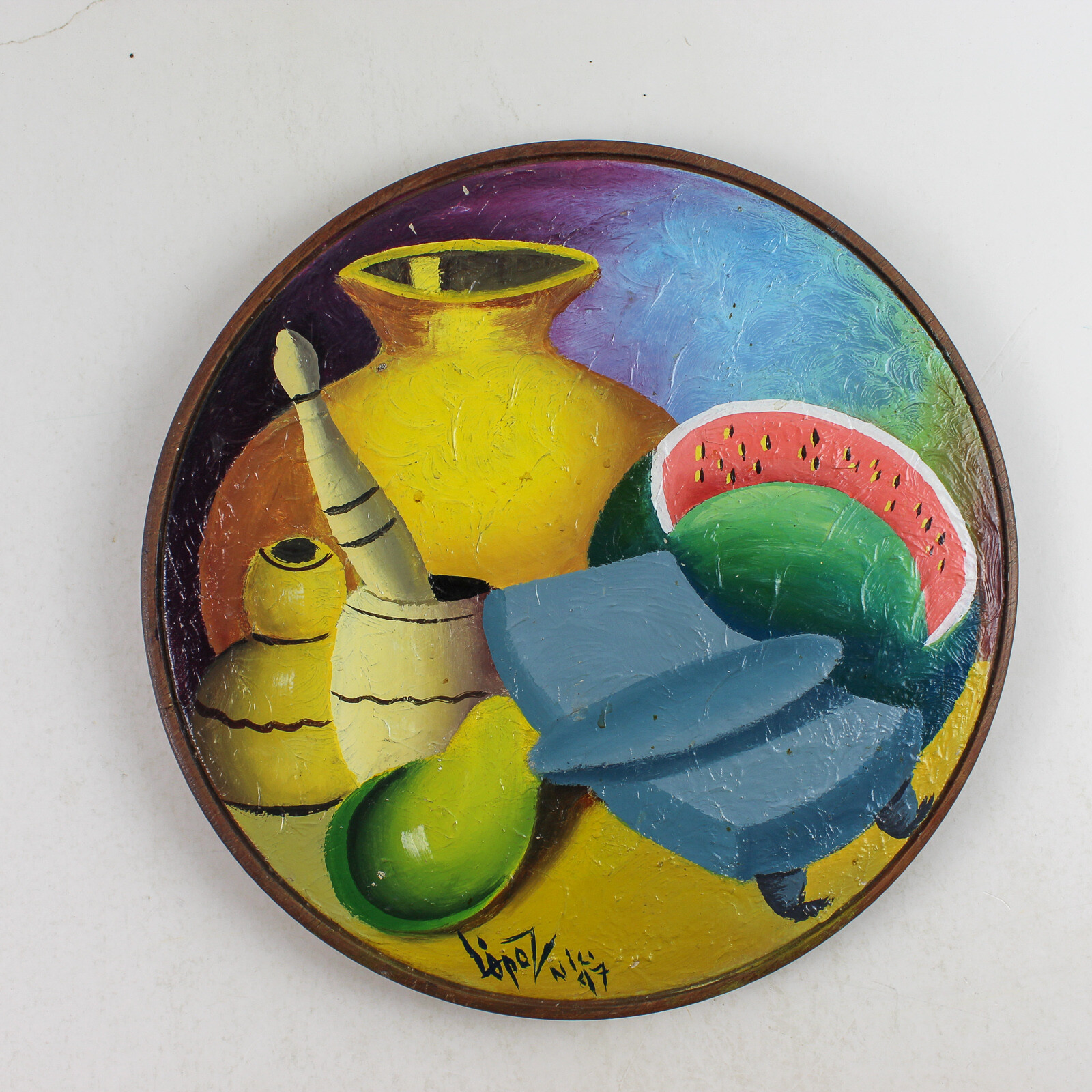 Hand Painted And Signed Round Wood Plaque Fruits And Pots