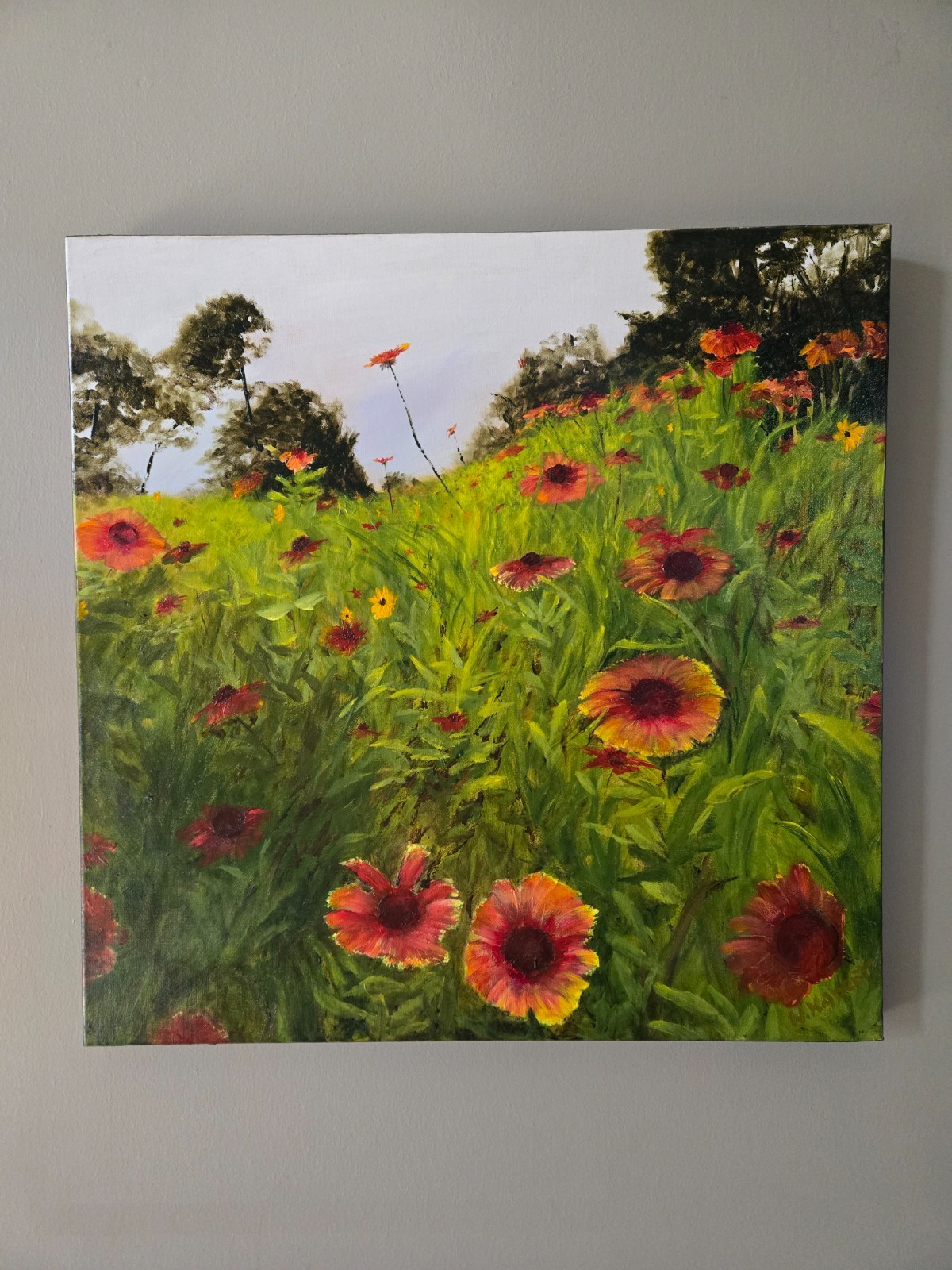 Flower painting, 24×24, Acrylic painting, signed original, Indian Blanket