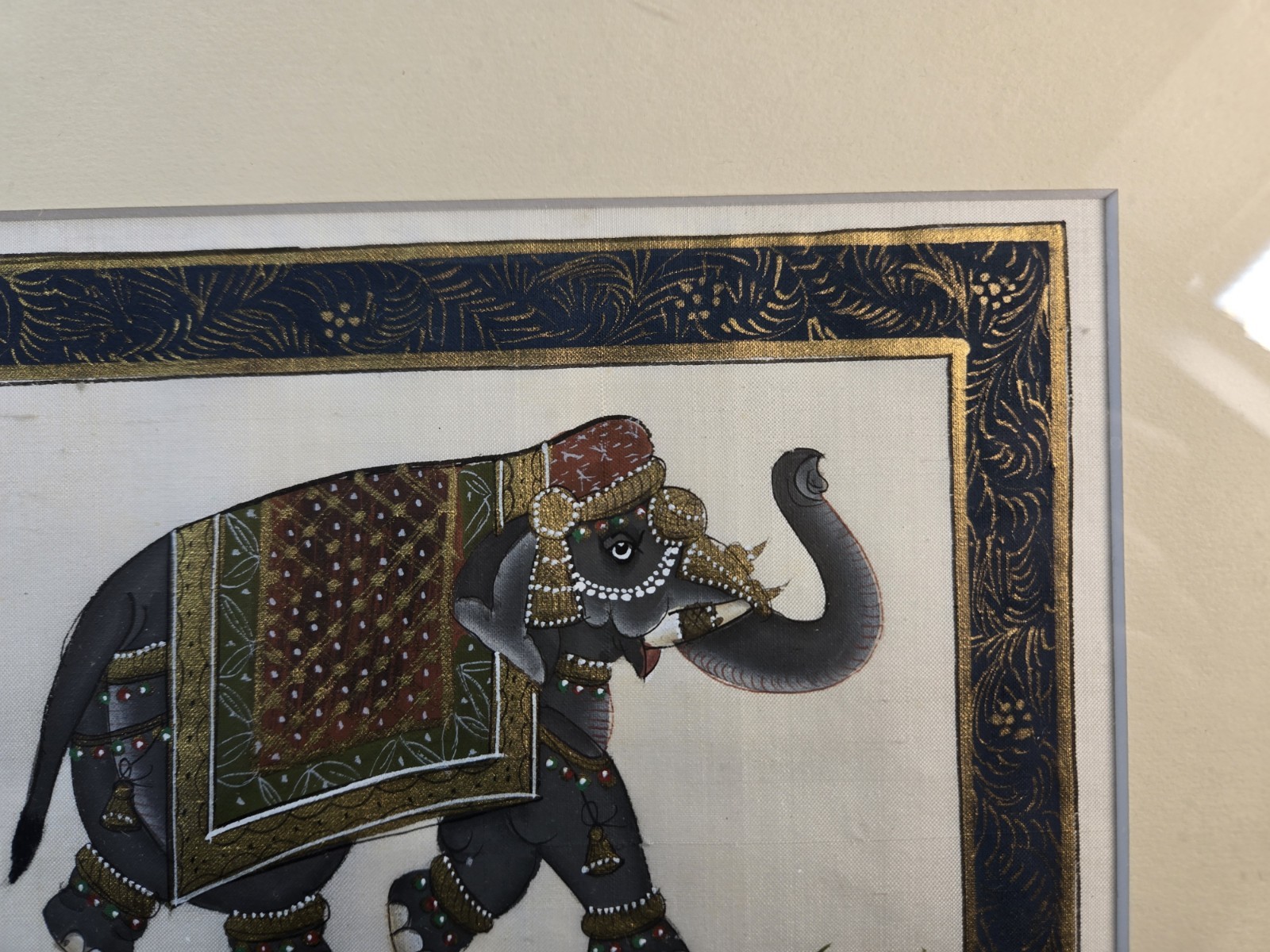 Vintage India Elephant Trunk Up Original Silk Painting on Fabric Hand Painted