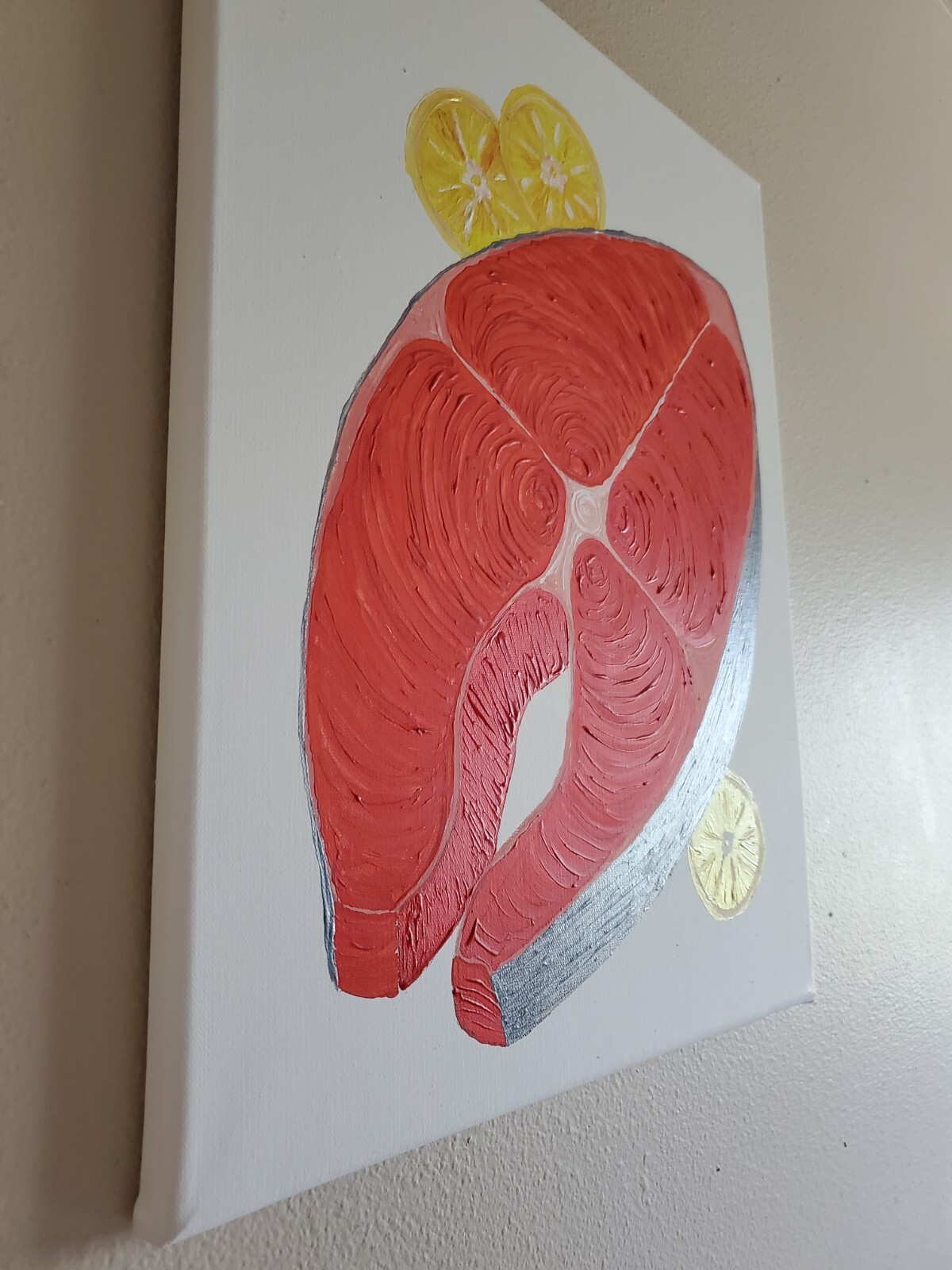 Acrylic Painting Wooden Frame 20×16 Art Decor Fish Salmon Steak Food