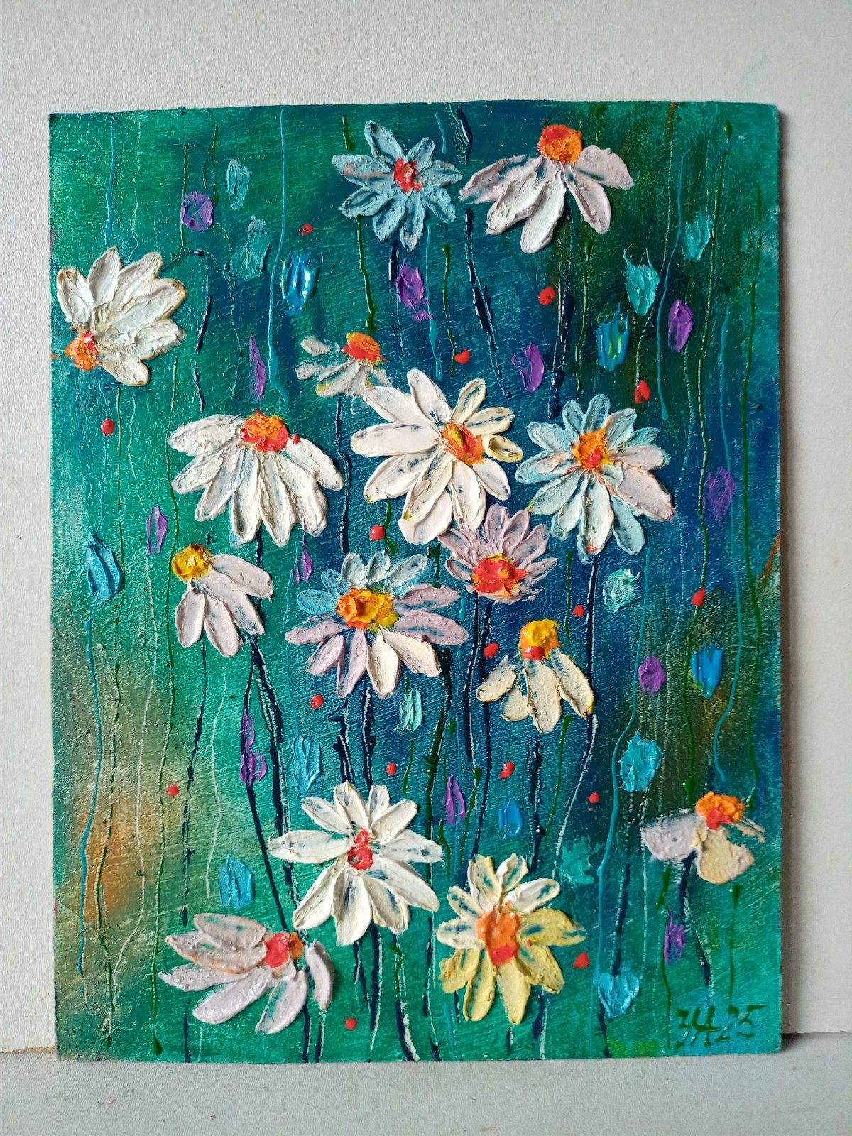Daisies Impasto Painting Original Art Impression Oil Painting 7.8 x 6 in