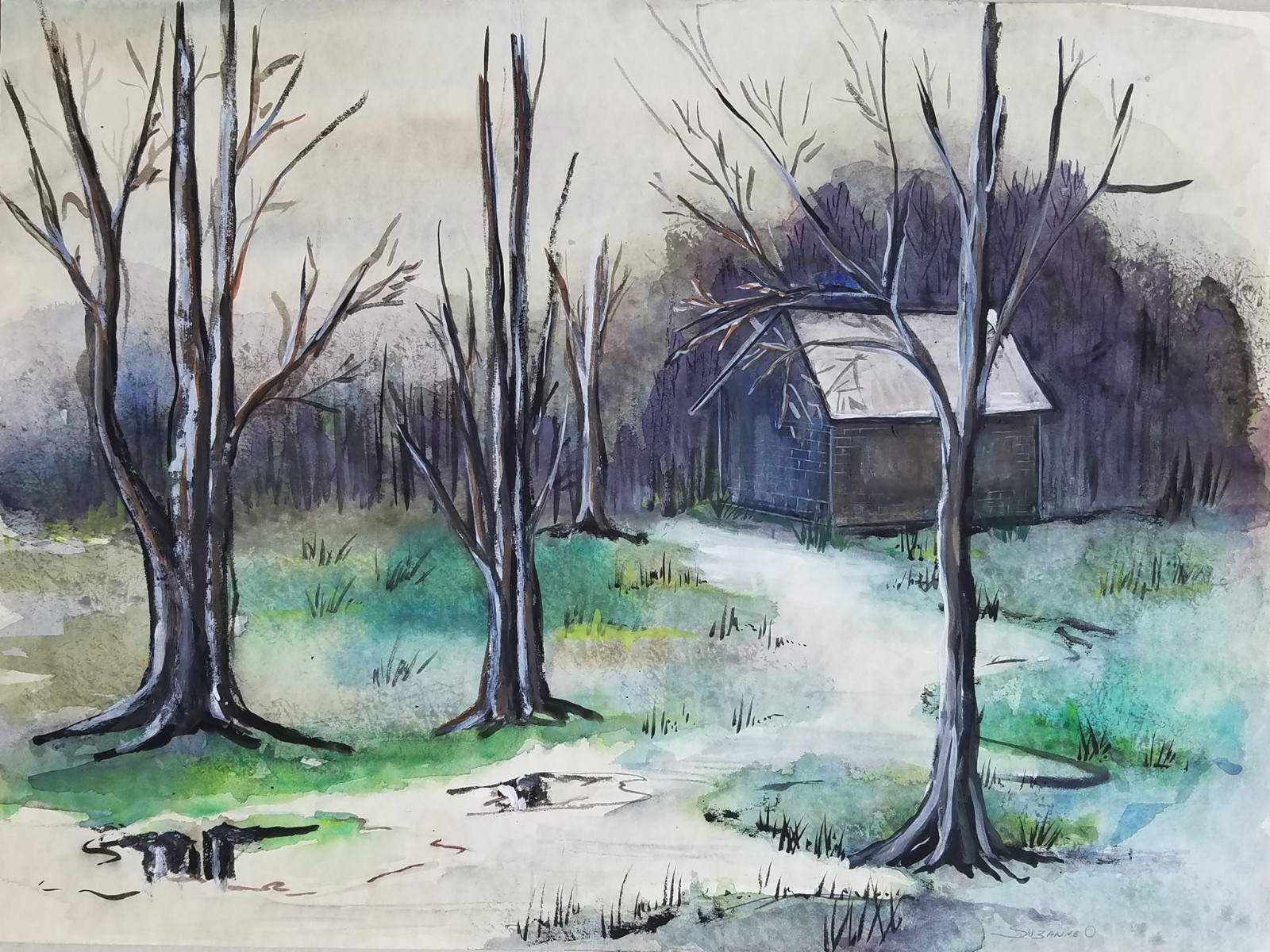 Painter Suzanne Obrand Holocaust Survivor Watercolor Painting Cabin in the Woods