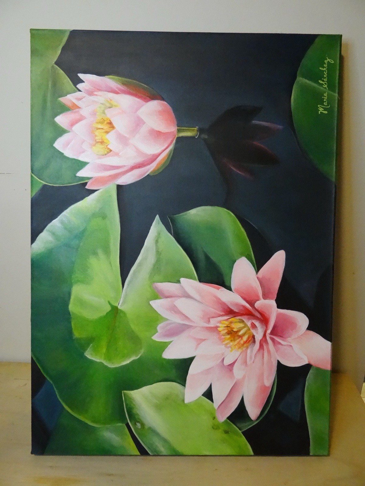 Maria Sanchez Signed Realism Painting Pink Water Lilies Canvas, Medium, 20”x28