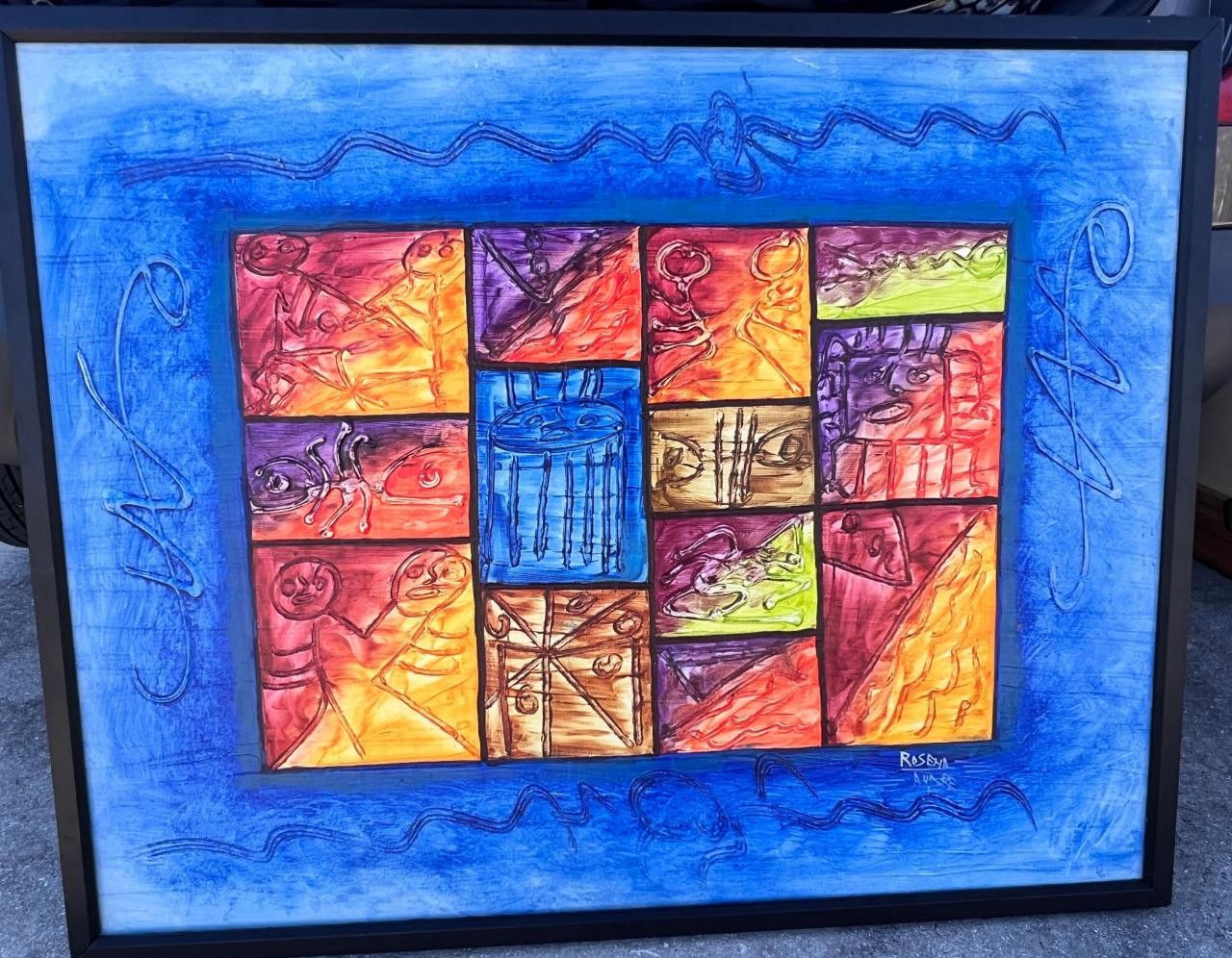 Original Coloful Mosaic Mixed Media Art Acrylic or Oil Painting Signed Rosena