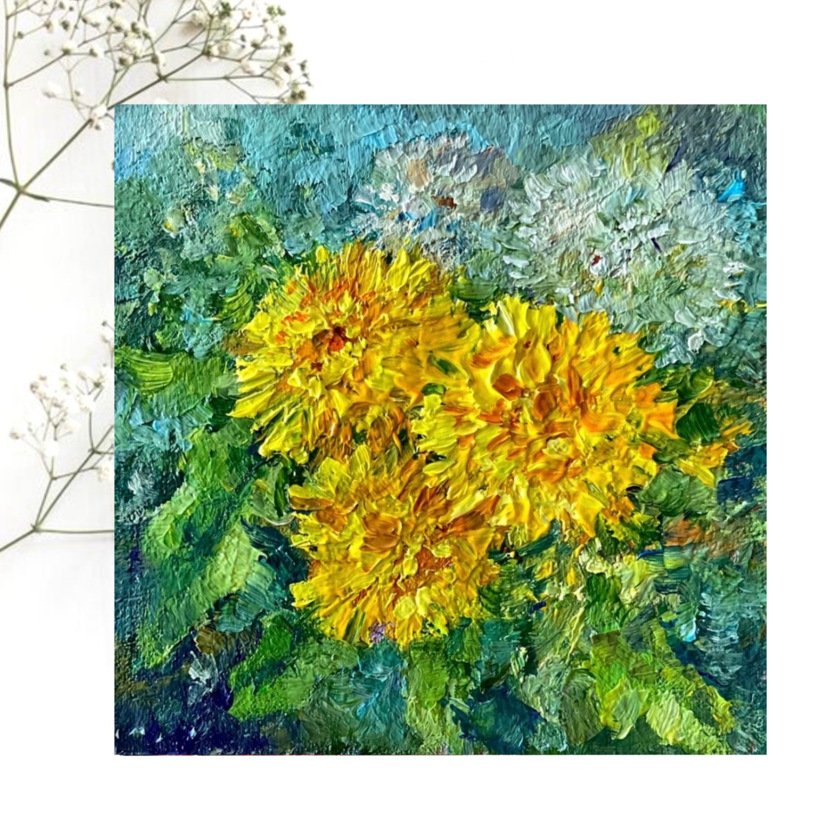 Original Oil Painting Dandelions Yellow Spring Flowers Impasto 4inx4in Signed OS