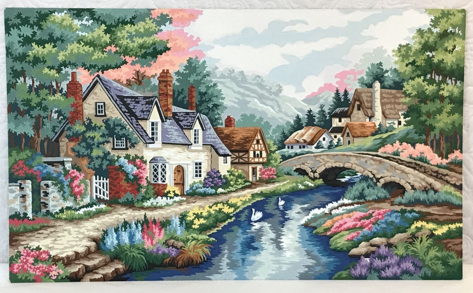 English Cottage Countryside Paint By Number House Pond Swans FINISHED PBN 20X12”