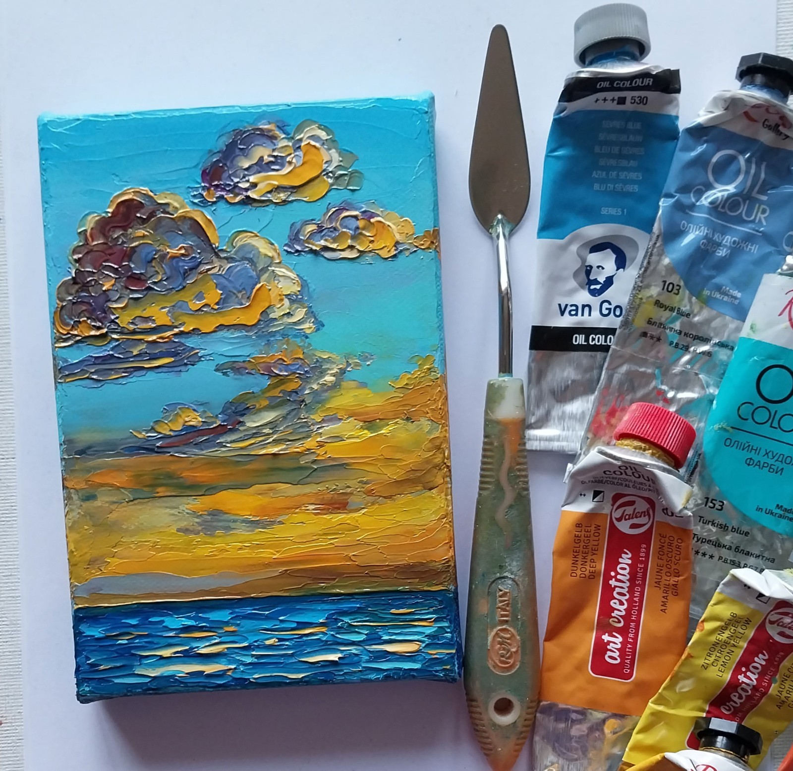 Mini Canvas Seascape Sunset Golden Clouds Over Sea 4×6″ Original Oil Painting