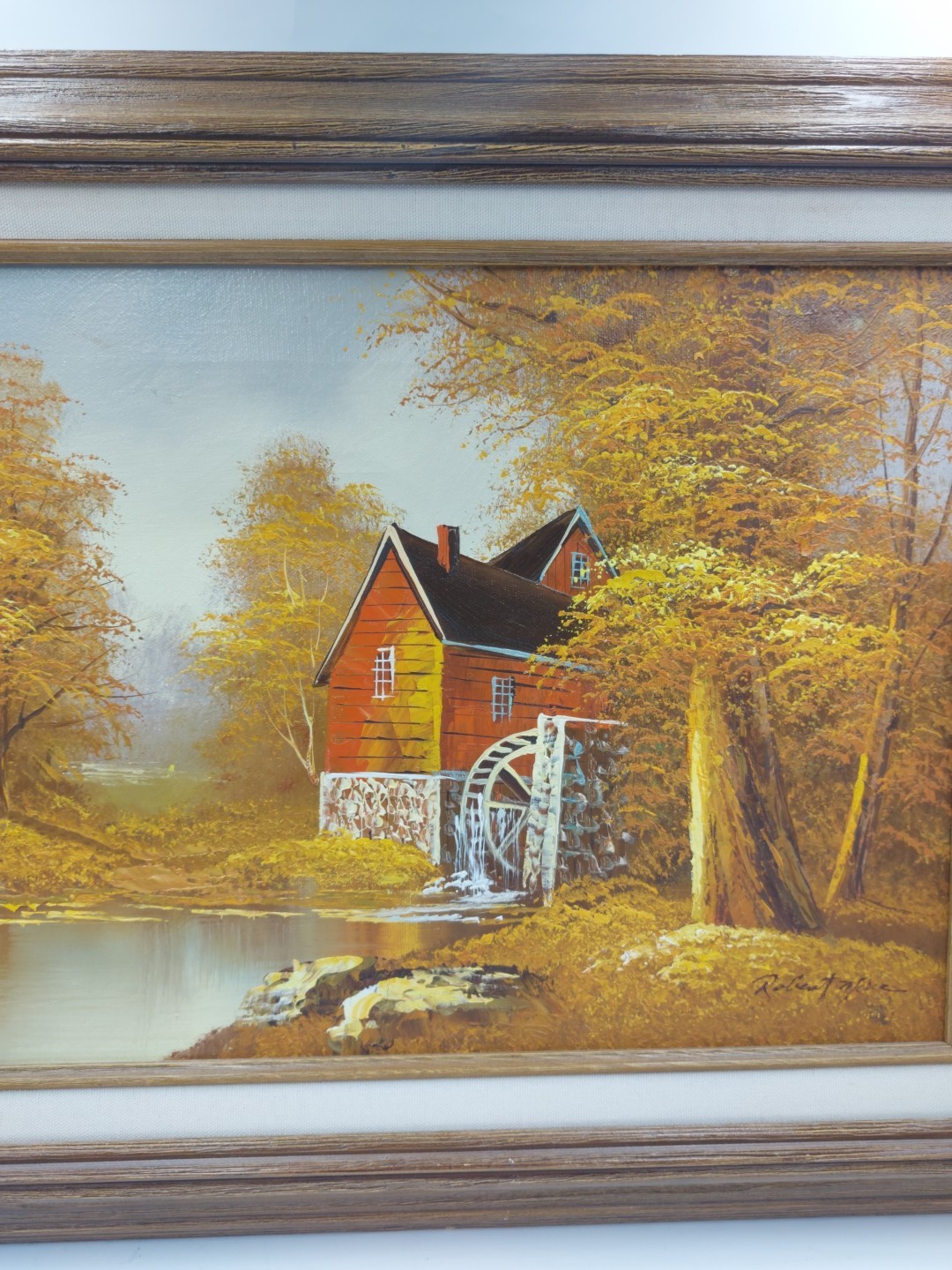 Vintage MCM Original Robert Moore Oil Painting of Old Mill in Autumn – Framed