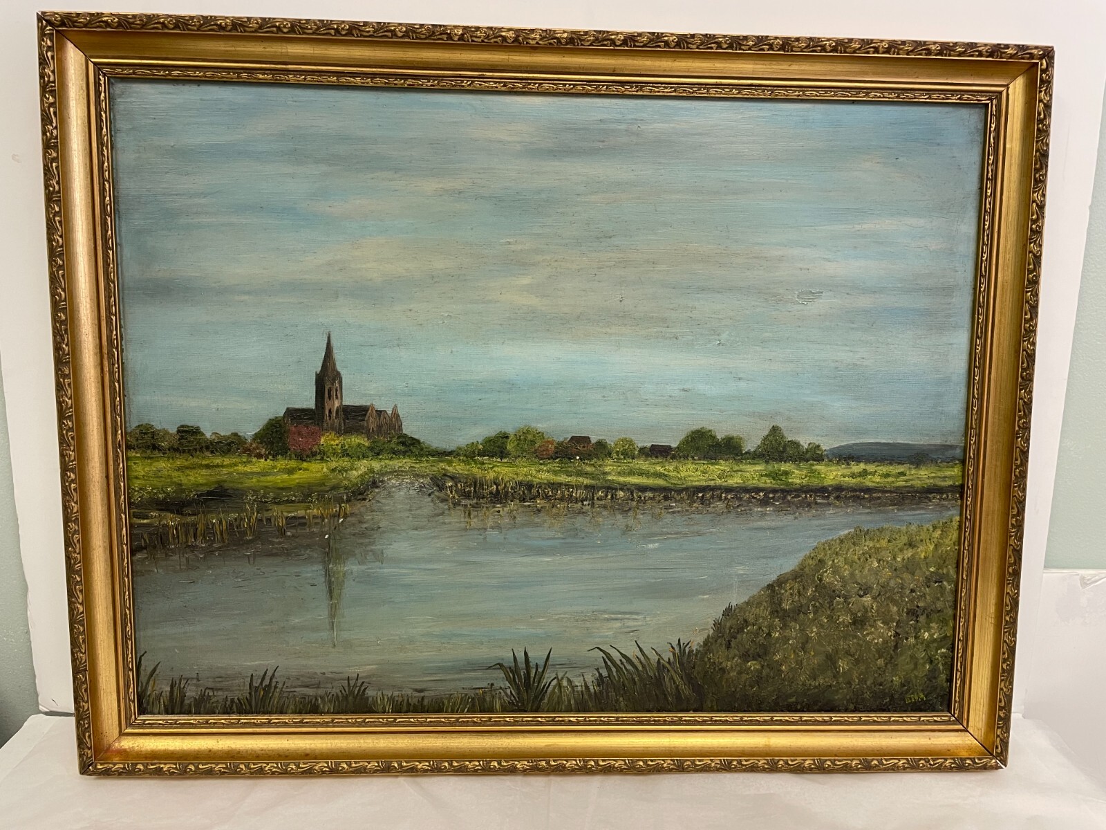 ENA Artist Signed Oil Painting On Masonite Church Country River Framed 27×21″