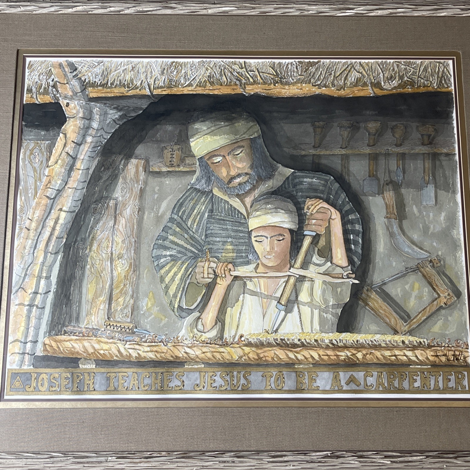 LARGE Watercolor Painting Joseph Teaches Jesus To Be A Carpenter Jim Hackett