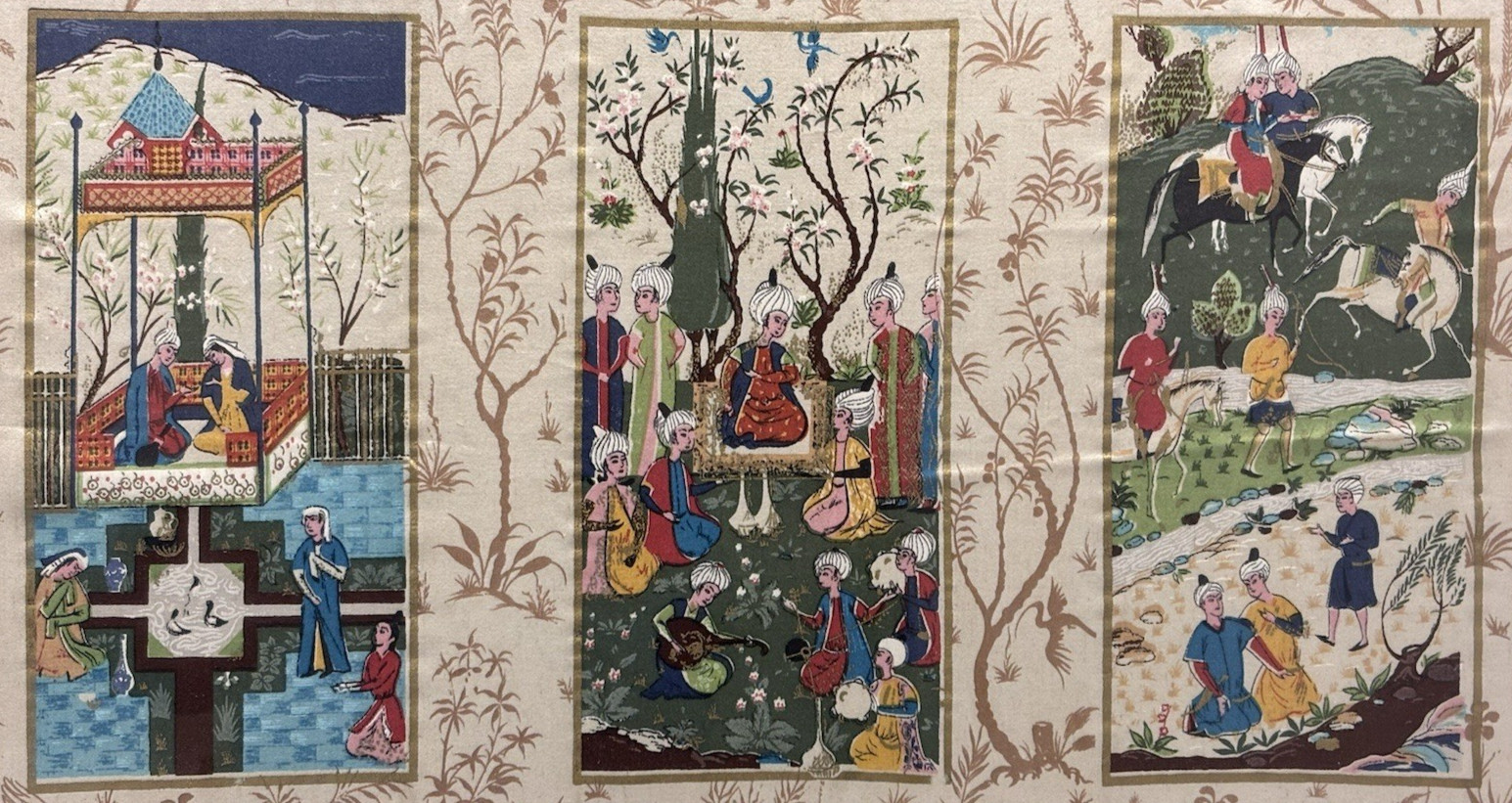 Vintage Mughal Framed Silk 3-Panel Painting, Rare Cultural Fine Art Decor Gifts
