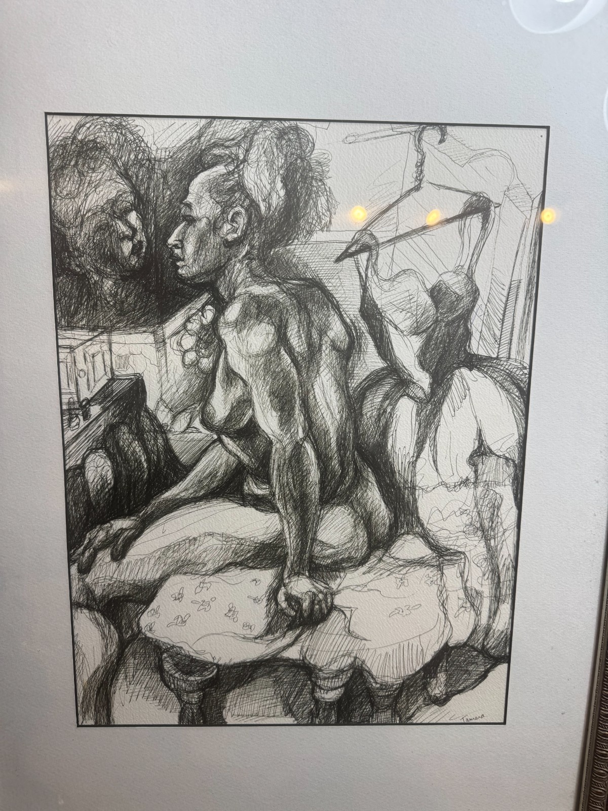Tamara Signed Modernist Female Nude Bedroom Pen Ink Drawing Framed VG Cond 24×18