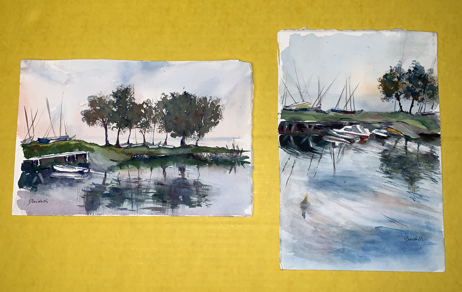 Landscape Paintings Original Art Boats Lake reflection Watercolor Unframed