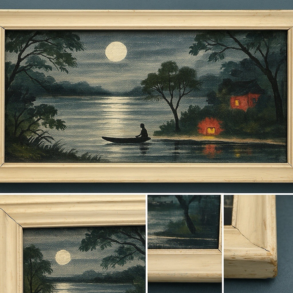 Vintage Asian-Influenced Moonlit Lake Oil Painting – Framed 8×16 Landscape MCM