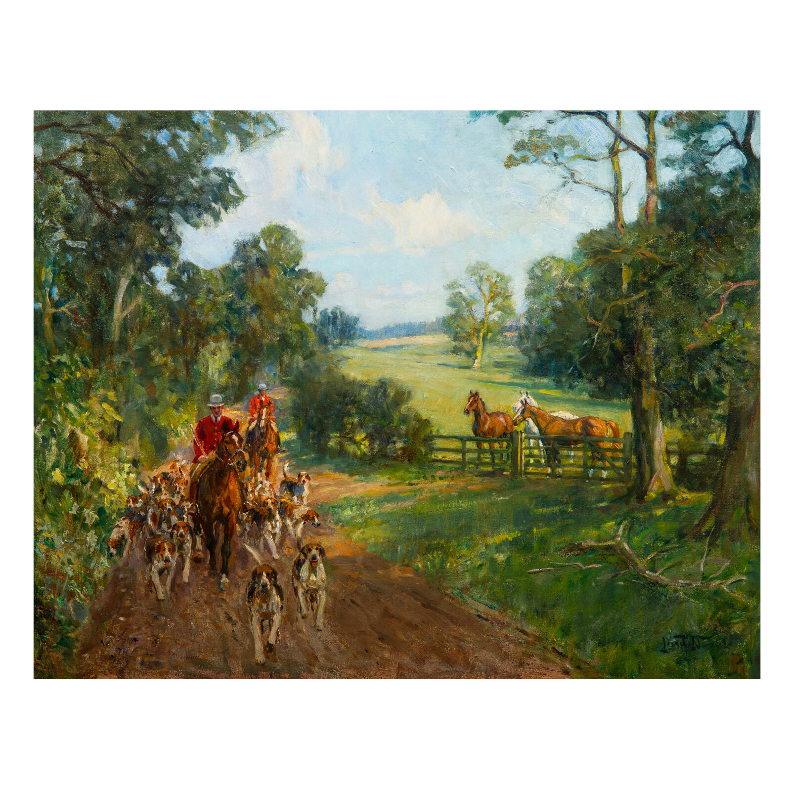 British Hunt Scene Oil Painting “Off to the Meet” by Lionel Dalhousie Edwards