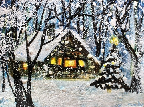 ACEO Original Winter XMAS HOUSE Cabin Trees PAINTING Snow Holiday Landscape ART
