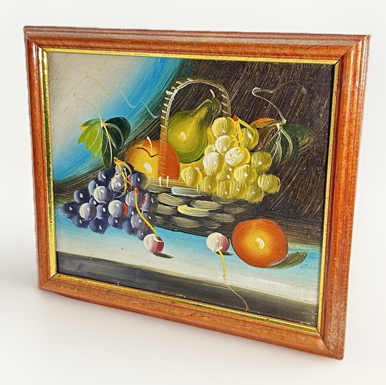 Vintage Still Life Fruit Painting Grapes Pears Basket Wood Frame 10×9 Wall Art