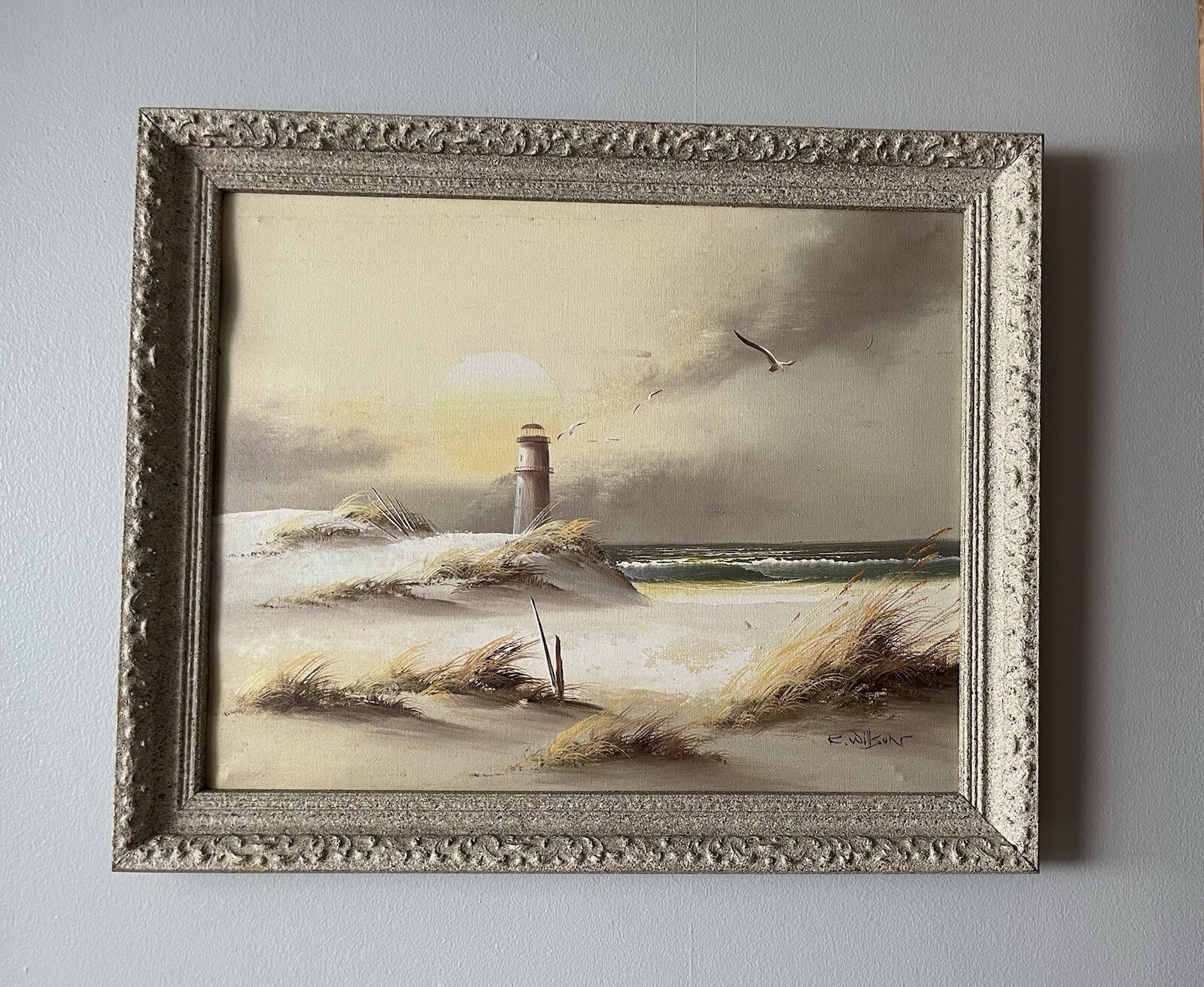 Vintage Original SIGNED Silvery Moon Beach Seascape STORMY OCEAN Waves FRAMED