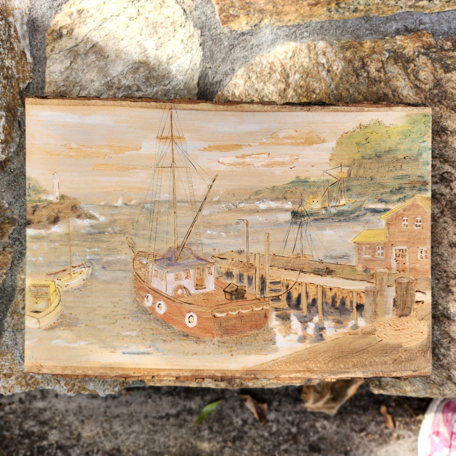 Vintage Original Painting natural tree slab wood board boats harbor 10×14