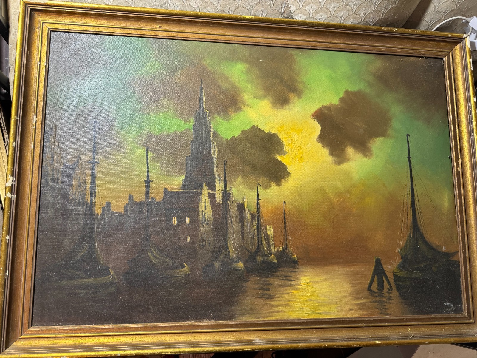 Large Vintage «Port Nocturne Scene» Oil Painting – Framed