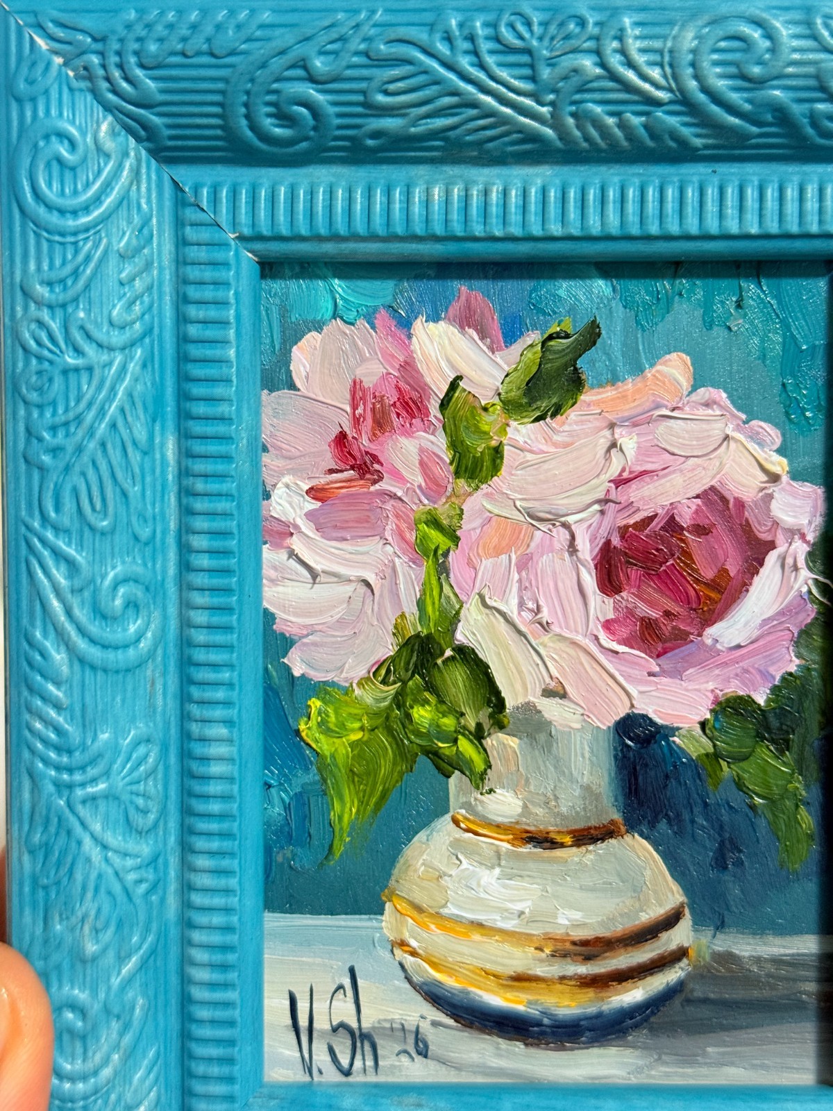 Original Oil Painting Pink Peonies Flowers Still life Vase Art Framed 4×5 in