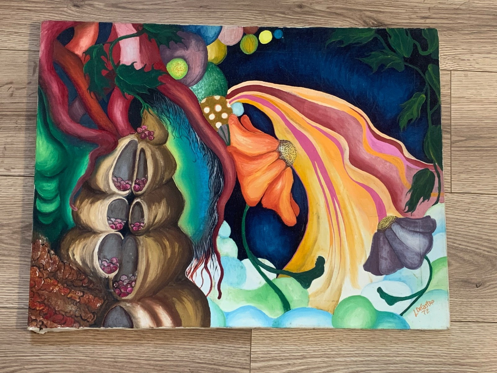 L DeCastro 1972 Original Abstract Floral Surrealist Oil Painting Canvas 24×18