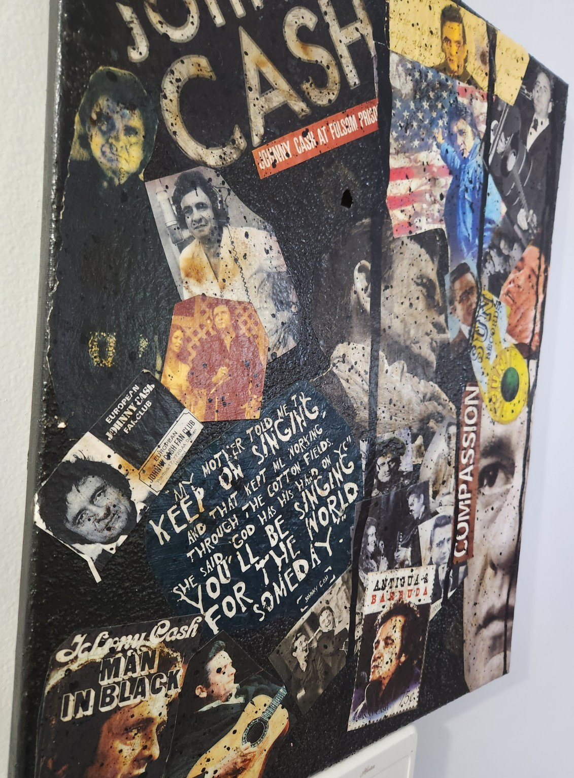 Large Johnny Cash Acrylic Paintin Collage Art. Heavily Textured & Burned! 16X20