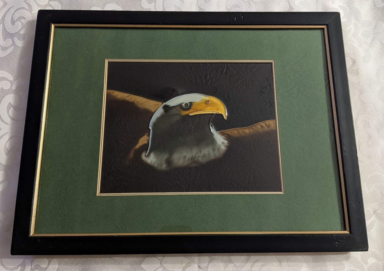 Vintage #D Raised Enamel Bald Eagle Painting on Plywood Board, 16.5×13″