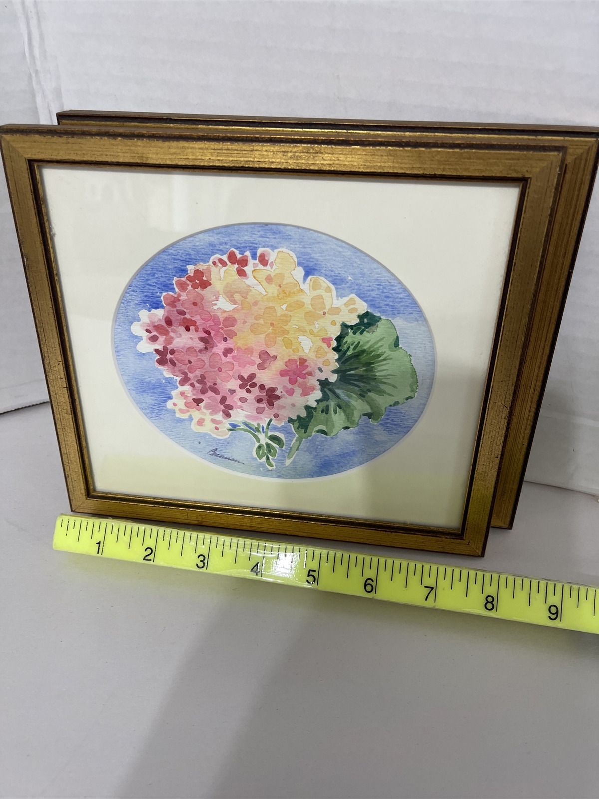 Brennan Floral Paintings Hydrangea Hibiscus Watercolor Framed 8×7.5” Set Of 2