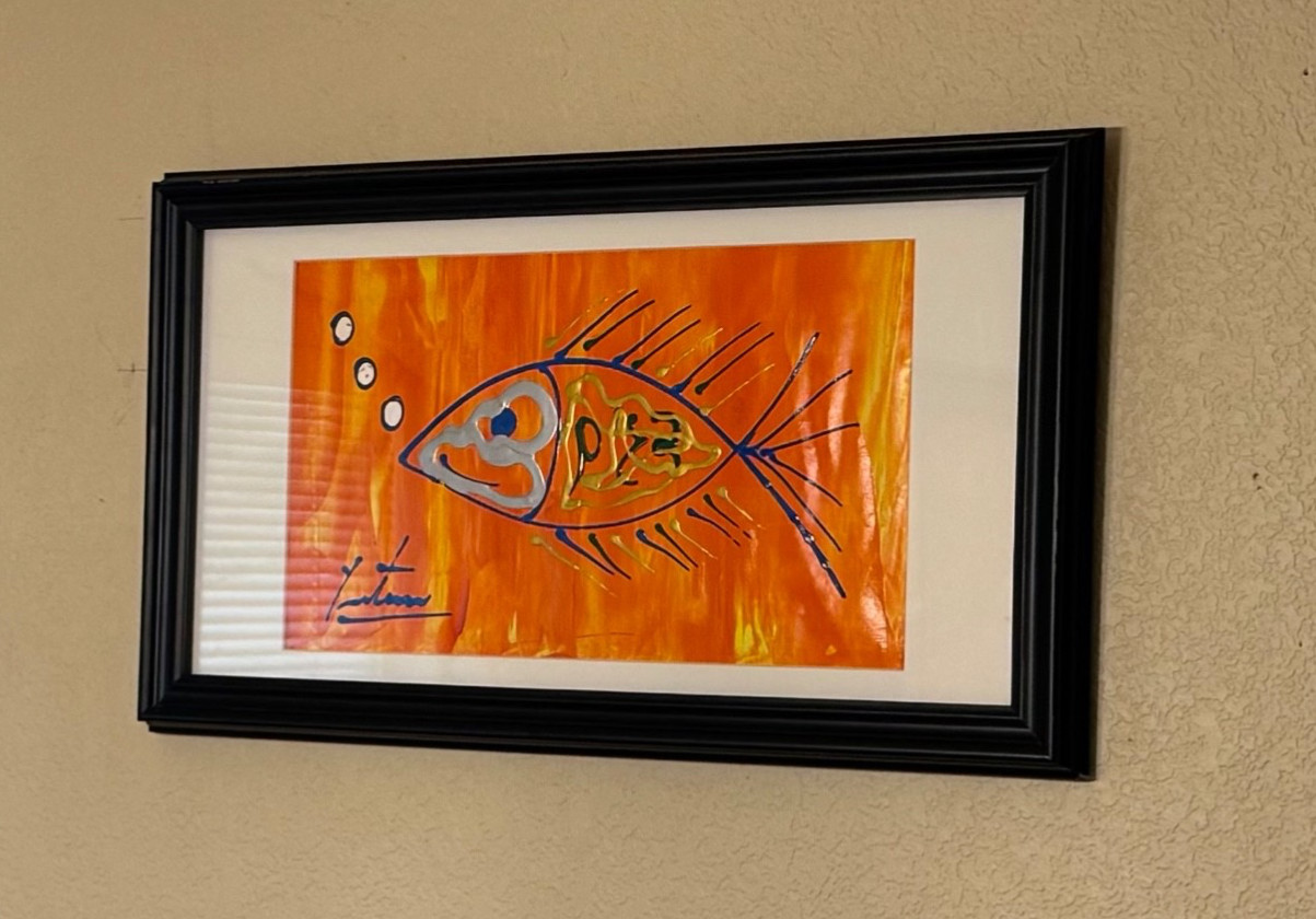 Original Vibrant Stylized Fish Painting – Signed 26.5” x 14.5”