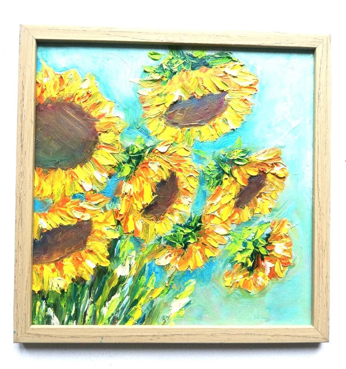 Golden Sunflowers Oil Painting Original Yellow Flowers. With Frame. 20×20 cm