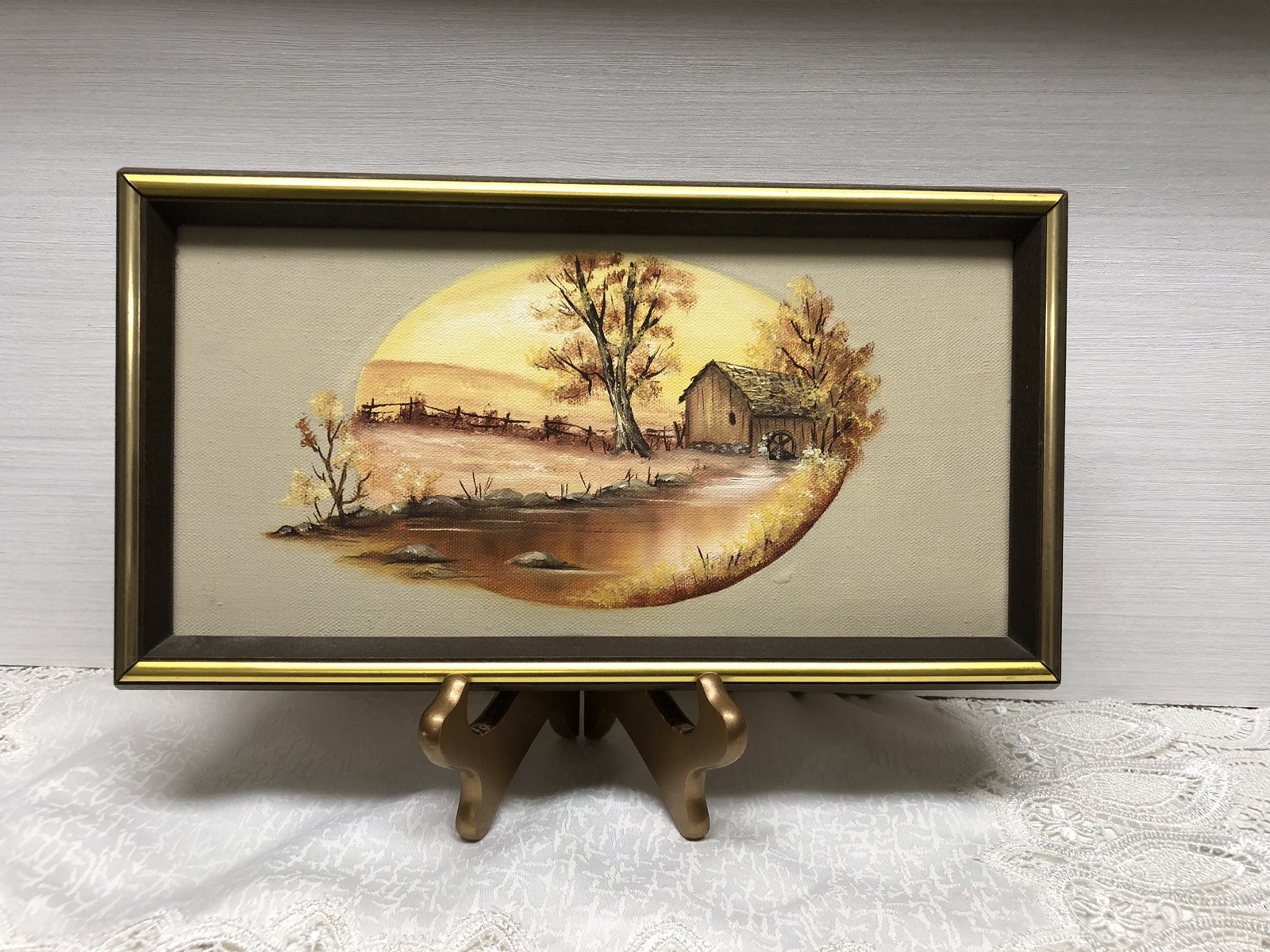 VTG Original Wood Framed Oil Painting On Canvas Rustic Country Landscape 7×13”
