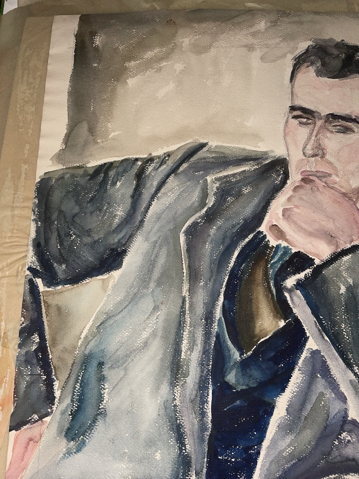 Antique 1934 Watercolor Painting Figure Thinking Man Signed R.R. Jordan 25×19″
