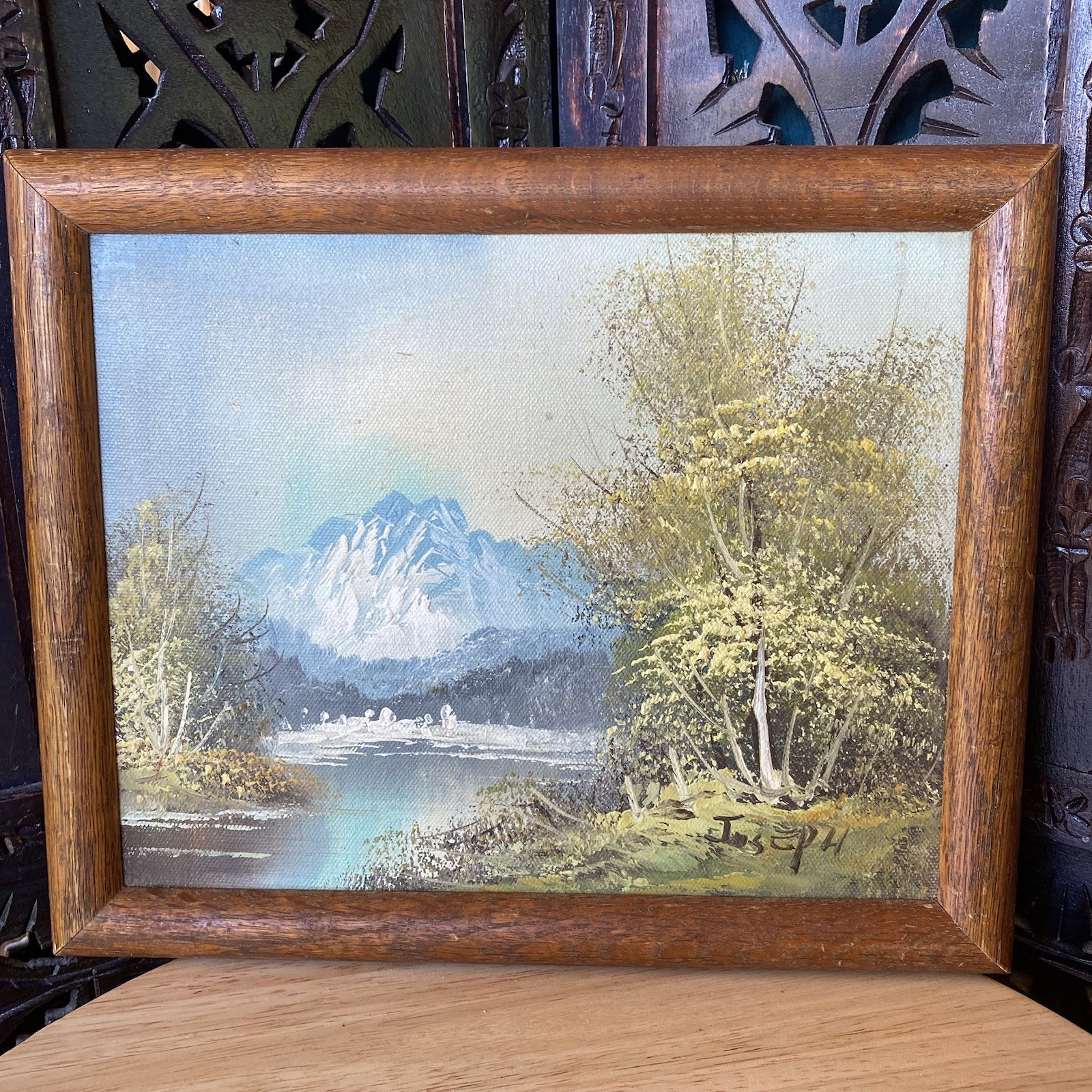 VTG Original Oil Painting Texture Mountain Water Trees Landscape Joseph MCM