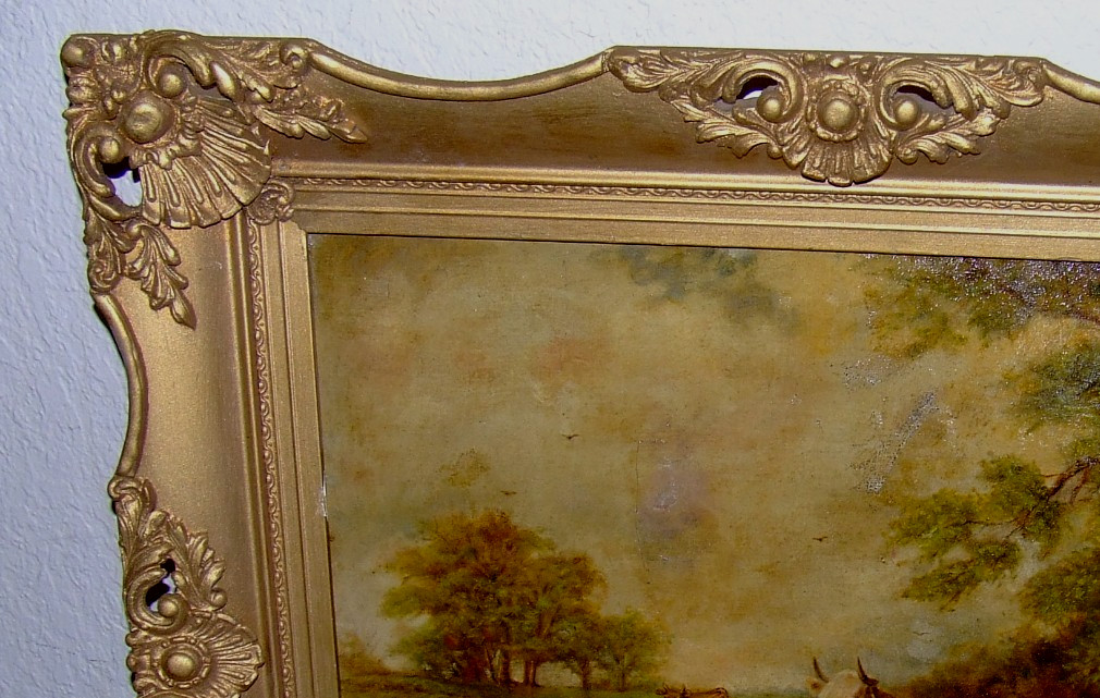 Antique 19th C. Landscape Gathering Watering Cows Oil on Board Gilt Ornate Frame