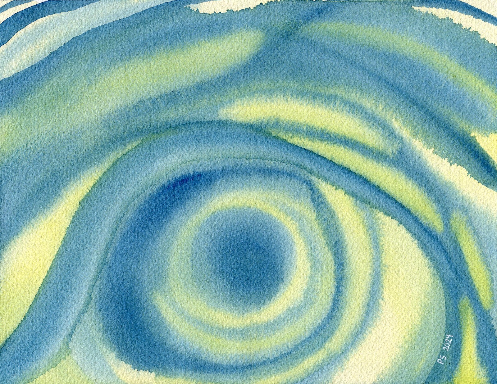 Original Abstract Watercolor Painting Blue Yellow Organic Form Contemporary Art