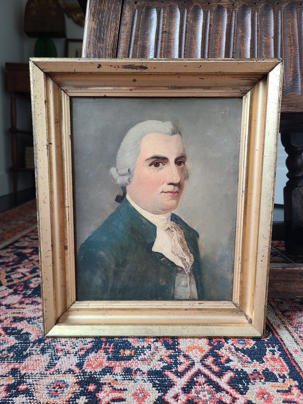Small Antique 18th Century Oil Painting Portrait of a Gentleman in Blue
