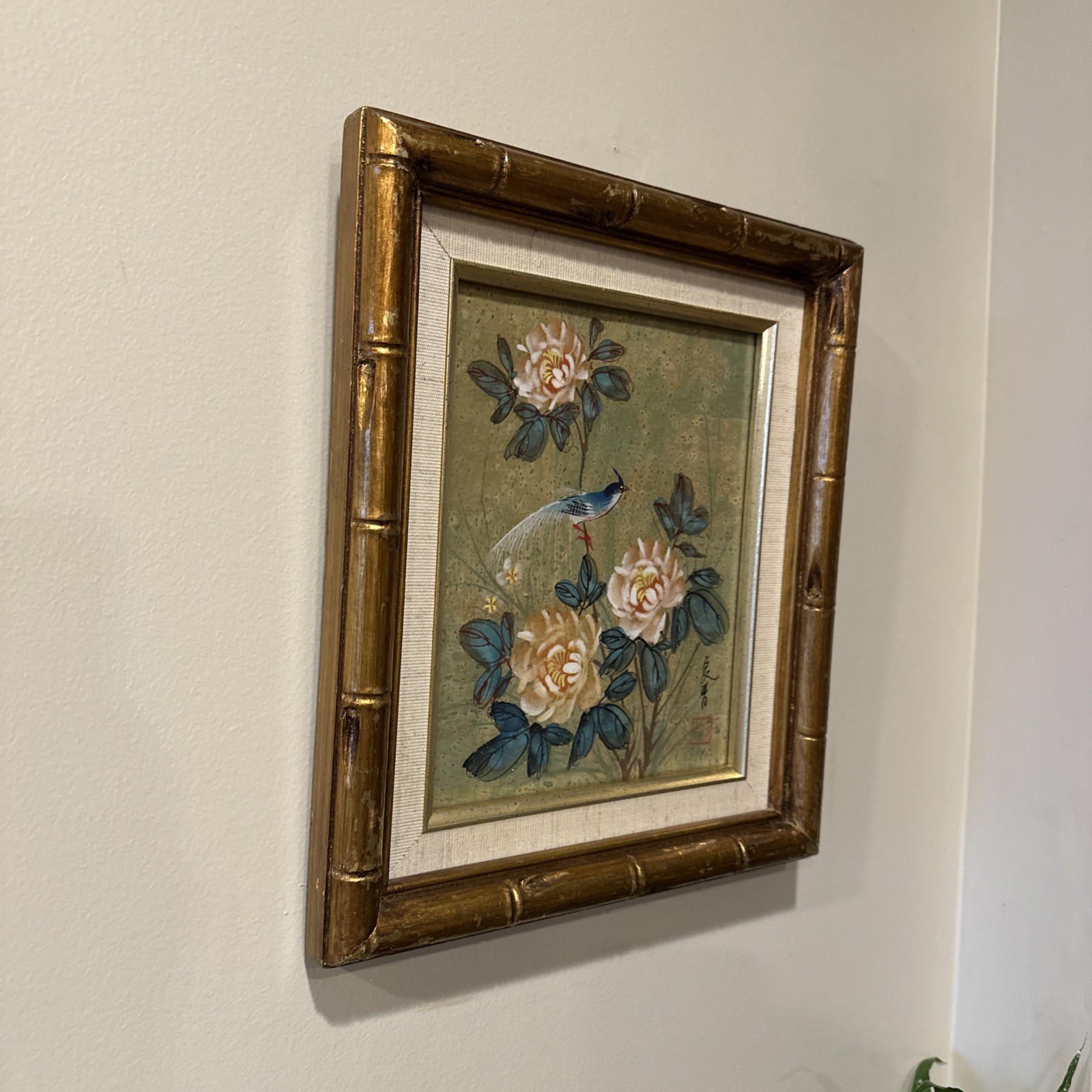 Watercolor Painting Asian Cork Paper Bird Flower Gold Bamboo Frame Signed 12×14