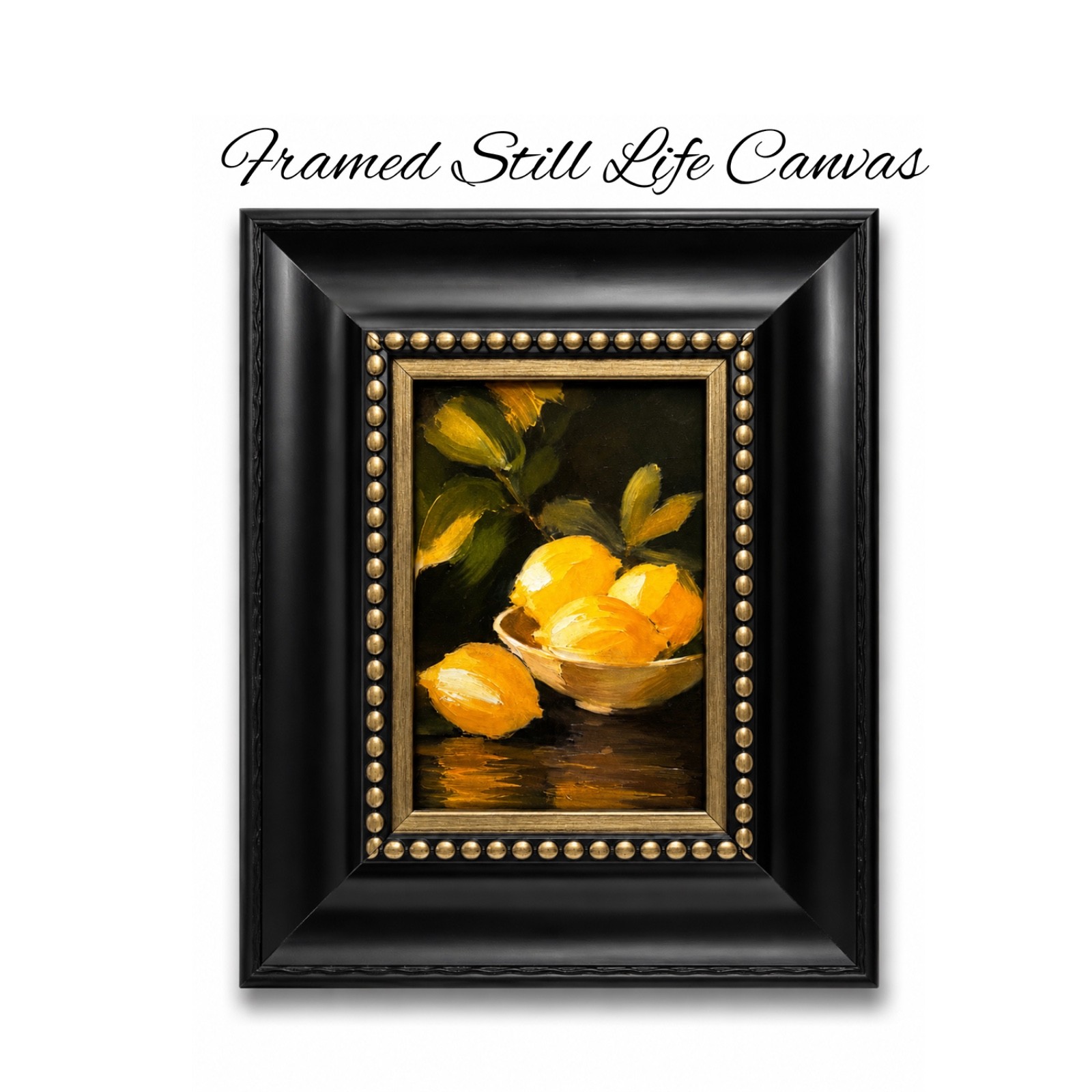 Lemon Still Life Impasto Textured Canvas Print Framed Black Gold Wall Art