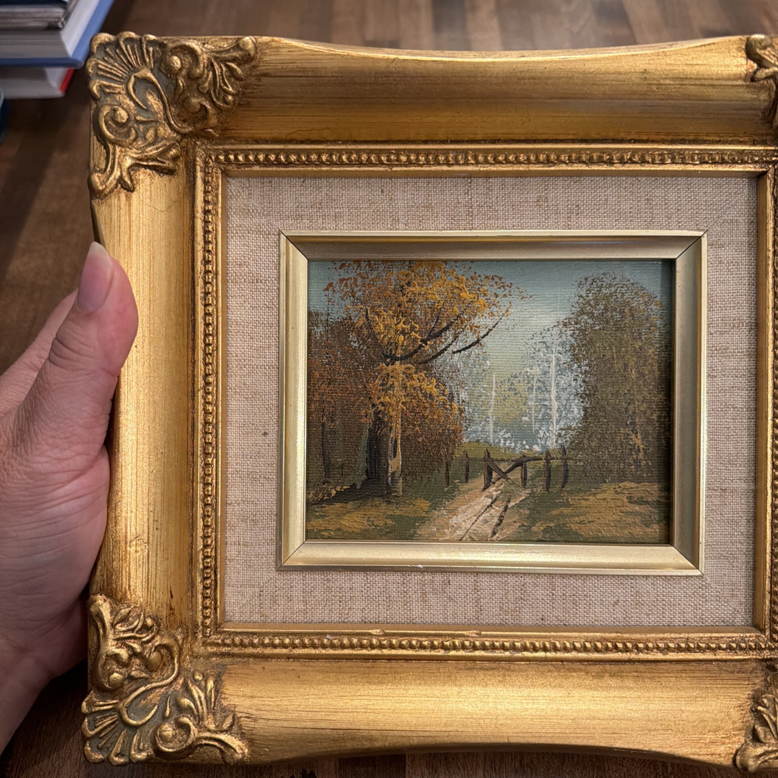 Miniature Fall Hand painted oil Landscape Gold gilded wood frame Linen Mat