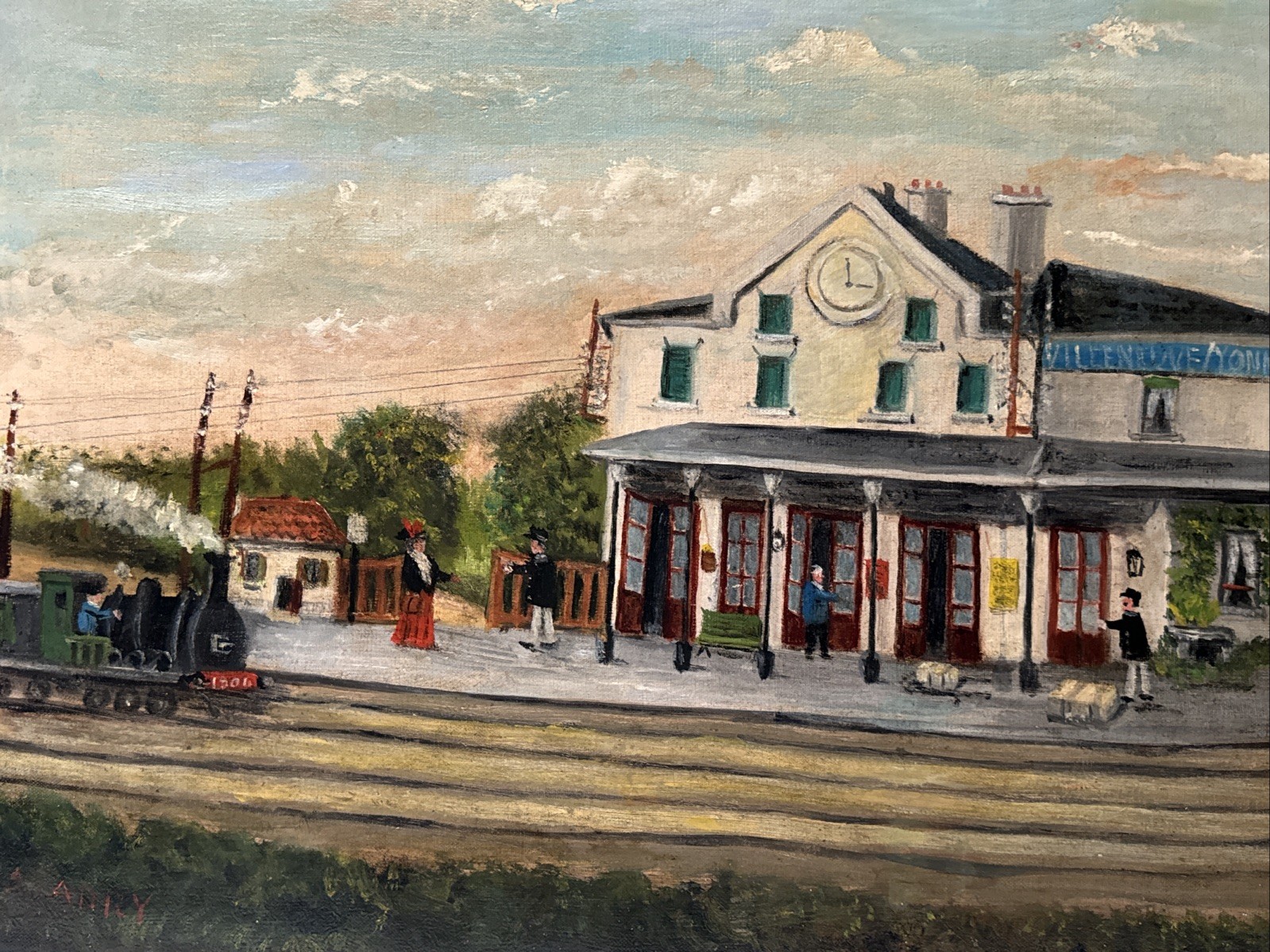 Antique Train Station Painting Railroad People Folk Naive Primitive Signed Oil