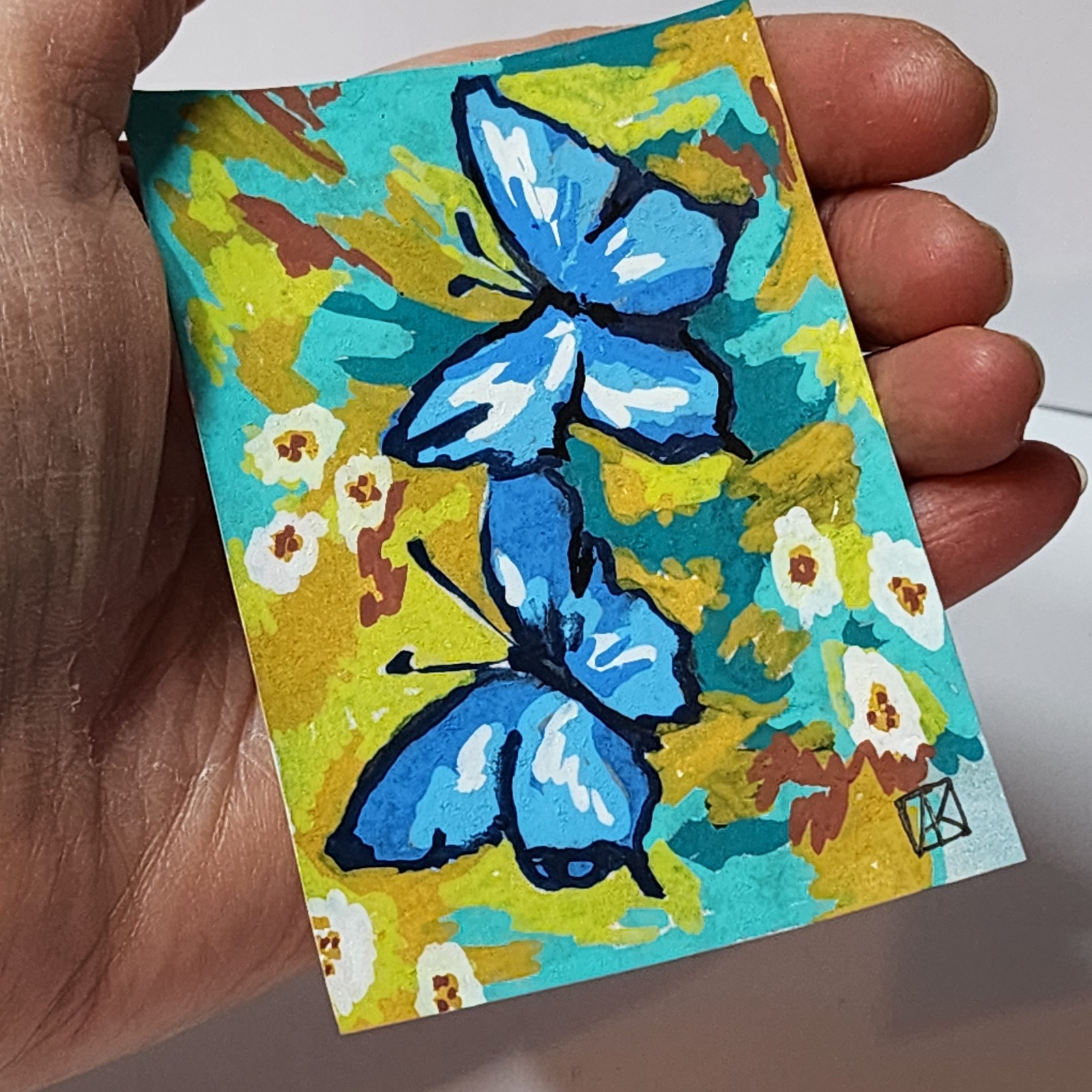 ACEO Original Mini Painting Abstract Blue Butterflies Spring 2.5×3.5 in. AMBER K